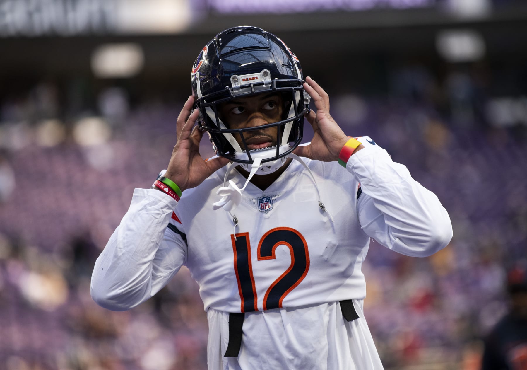 MINNEAPOLIS, MN - JANUARY 09: Allen Robinson #12 of the Chicago Bears heads to the locker room before the game against the Minnesota Vikings at U.S. Bank Stadium on January 9, 2022 in Minneapolis, Minnesota. (Photo by Stephen Maturen/Getty Images)