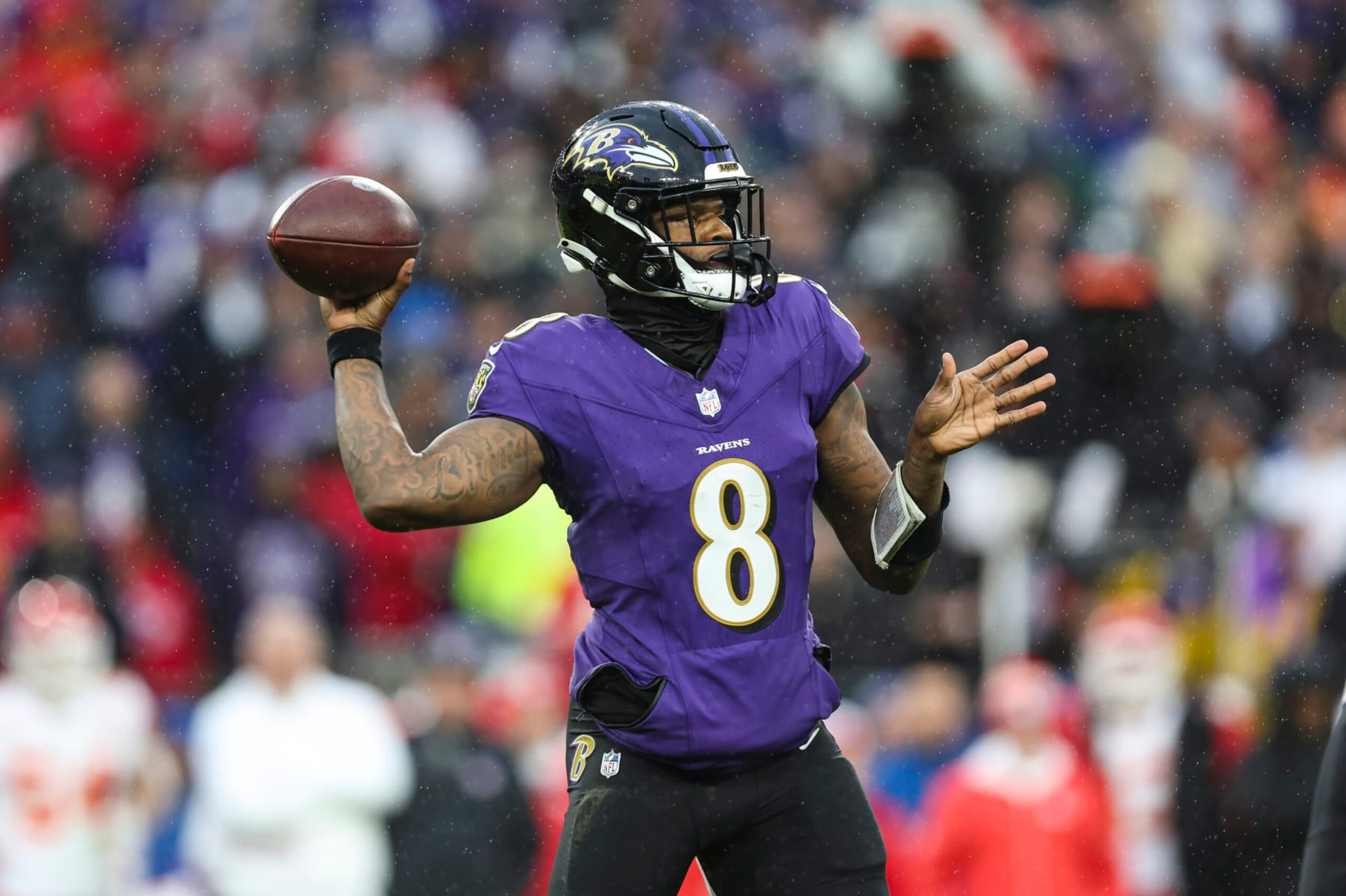BALTIMORE, MD - JANUARY 28: Lamar Jackson #8 of the Baltimore Ravens throws the ball during the AFC Championship NFL football game against the Kansas City Chiefs at M&T Bank Stadium on January 28, 2024 in Baltimore, Maryland. (Photo by Perry Knotts/Getty Images) BALTIMORE, MD - JANUARY 28: Lamar Jackson #8 of the Baltimore Ravens throws the ball during the AFC Championship NFL football game against the Kansas City Chiefs at M&T Bank Stadium on January 28, 2024 in Baltimore, Maryland. (Photo by Perry Knotts/Getty Images)