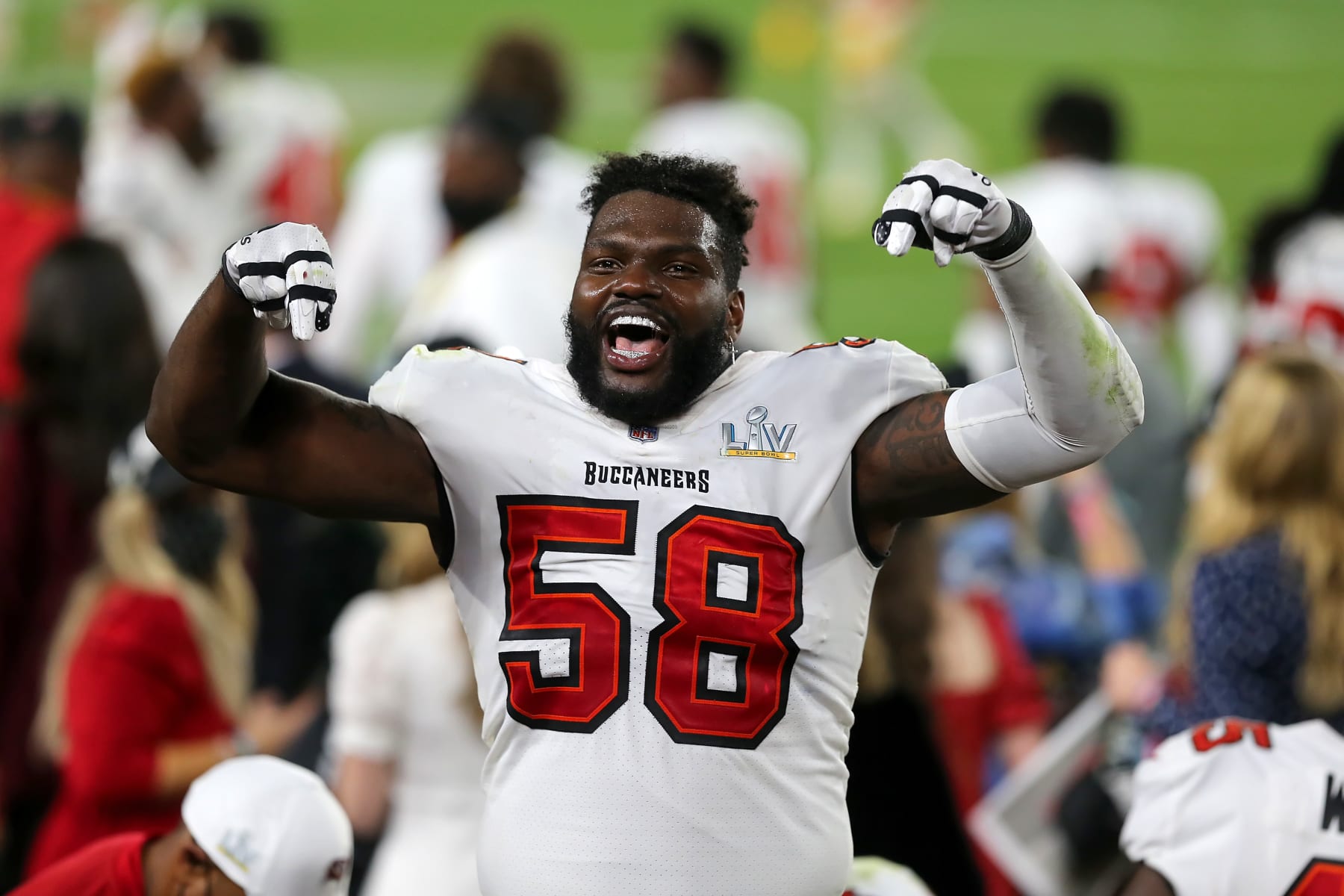 TAMPA, FL - FEBRUARY 07: Shaquil Barrett (58) of the Buccaneers was telling the fans that this was the Buccaneers house during the Super Bowl LV game between the Kansas City Chiefs and the Tampa Bay Buccaneers on February 7, 2021 at Raymond James Stadium, in Tampa, FL. (Photo by Cliff Welch/Icon Sportswire via Getty Images)