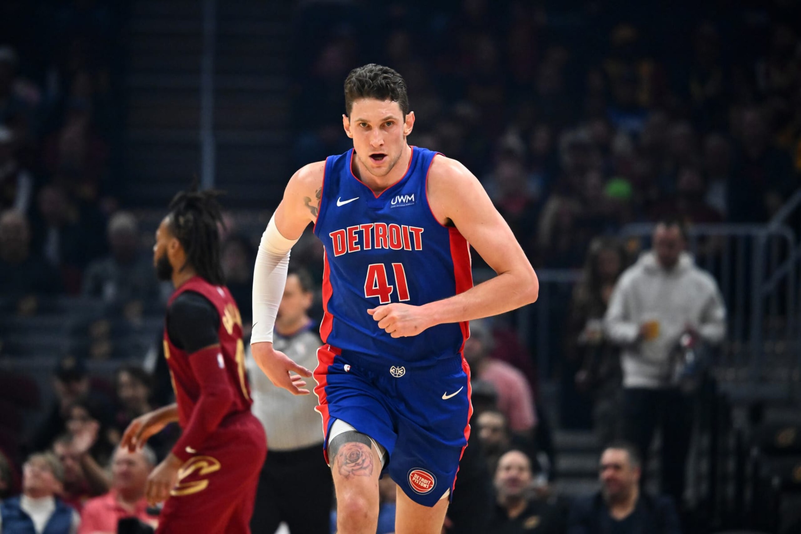 CLEVELAND, OHIO - JANUARY 31: Mike Muscala #41 of the Detroit Pistons runs back on defense during the first quarter against the Cleveland Cavaliers at Rocket Mortgage Fieldhouse on January 31, 2024 in Cleveland, Ohio. NOTE TO USER: User expressly acknowledges and agrees that, by downloading and or using this photograph, User is consenting to the terms and conditions of the Getty Images License Agreement. (Photo by Jason Miller/Getty Images) CLEVELAND, OHIO - JANUARY 31: Mike Muscala #41 of the Detroit Pistons runs back on defense during the first quarter against the Cleveland Cavaliers at Rocket Mortgage Fieldhouse on January 31, 2024 in Cleveland, Ohio. NOTE TO USER: User expressly acknowledges and agrees that, by downloading and or using this photograph, User is consenting to the terms and conditions of the Getty Images License Agreement. (Photo by Jason Miller/Getty Images)