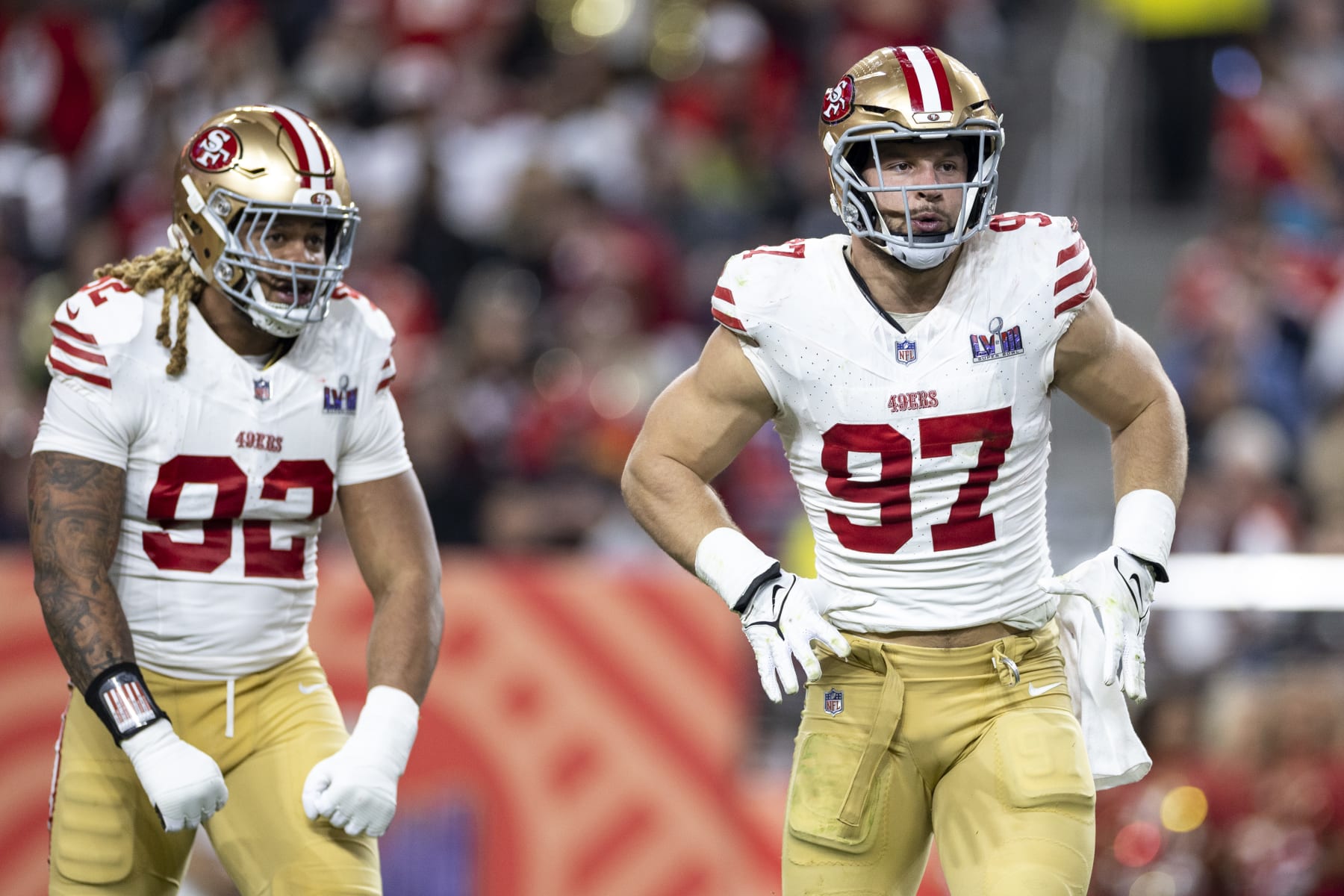 LAS VEGAS, NEVADA - FEBRUARY 11: Nick Bosa #97 of the San Francisco 49ers and Chase Young #92 of the San Francisco 49ers react during the NFL Super Bowl 58 football game between the San Francisco 49ers and the Kansas City Chiefs at Allegiant Stadium on February 11, 2024 in Las Vegas, Nevada. (Photo by Michael Owens/Getty Images)