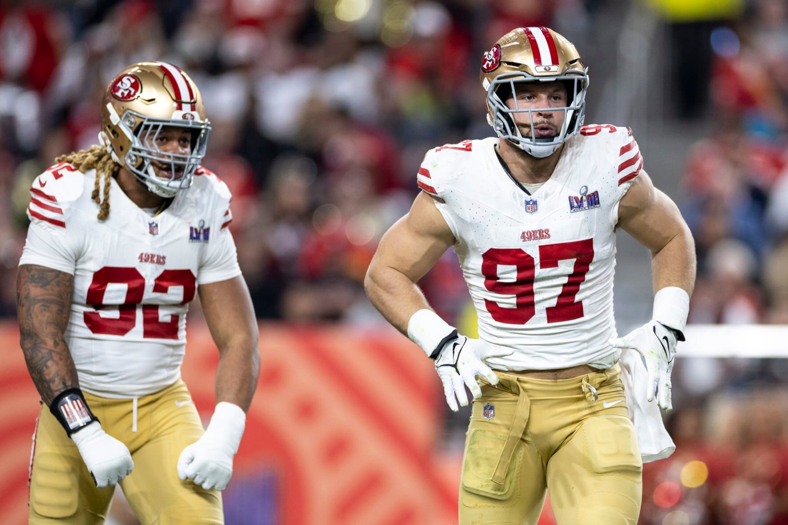 LAS VEGAS, NEVADA - FEBRUARY 11: Nick Bosa #97 of the San Francisco 49ers and Chase Young #92 of the San Francisco 49ers react during the NFL Super Bowl 58 football game between the San Francisco 49ers and the Kansas City Chiefs at Allegiant Stadium on February 11, 2024 in Las Vegas, Nevada. (Photo by Michael Owens/Getty Images)