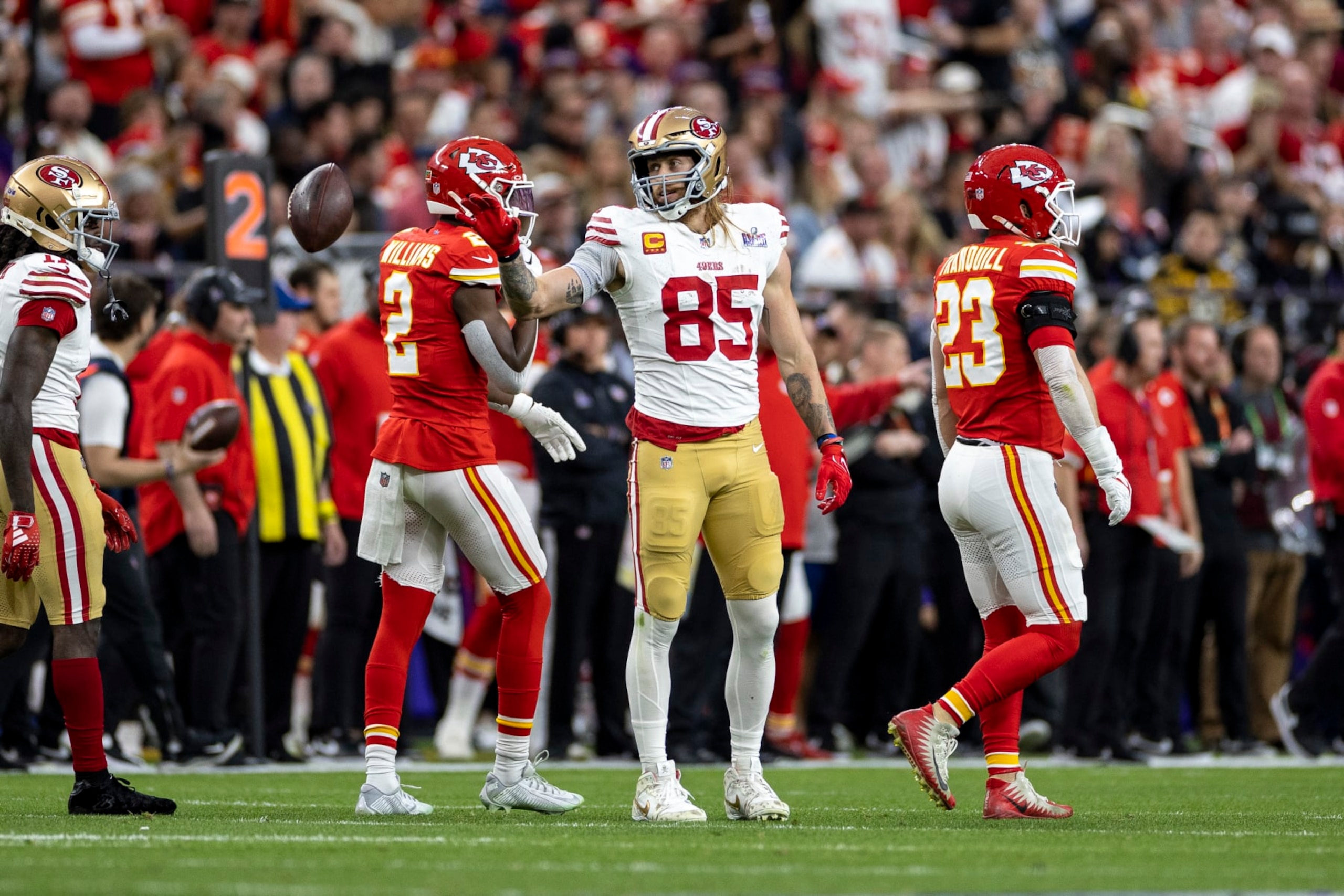 LAS VEGAS, NEVADA - FEBRUARY 11: George Kittle #85 of the San Francisco 49ers reacts during the NFL Super Bowl 58 football game between the San Francisco 49ers and the Kansas City Chiefs at Allegiant Stadium on February 11, 2024 in Las Vegas, Nevada. (Photo by Michael Owens/Getty Images)