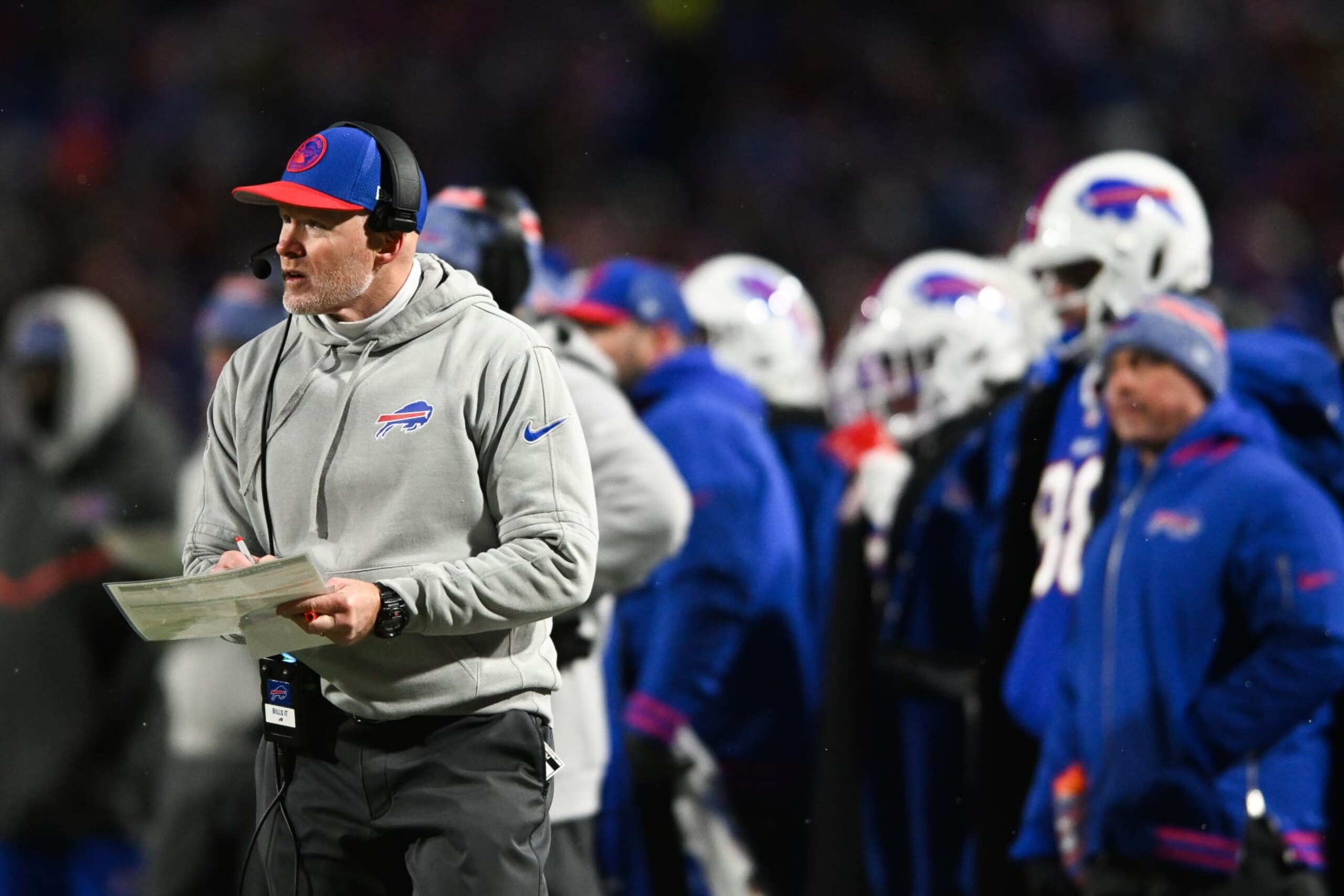 ORCHARD PARK, NY - JANUARY 21: Sean McDermott, head coach of the Buffalo Bills stands on the sidelines during the second half of the AFC Divisional Playoff game against the Kansas City Chiefs at Highmark Stadium on January 21, 2024 in Orchard Park, New York. (Photo by Kathryn Riley/Getty Images) ORCHARD PARK, NY - JANUARY 21: Sean McDermott, head coach of the Buffalo Bills stands on the sidelines during the second half of the AFC Divisional Playoff game against the Kansas City Chiefs at Highmark Stadium on January 21, 2024 in Orchard Park, New York. (Photo by Kathryn Riley/Getty Images)