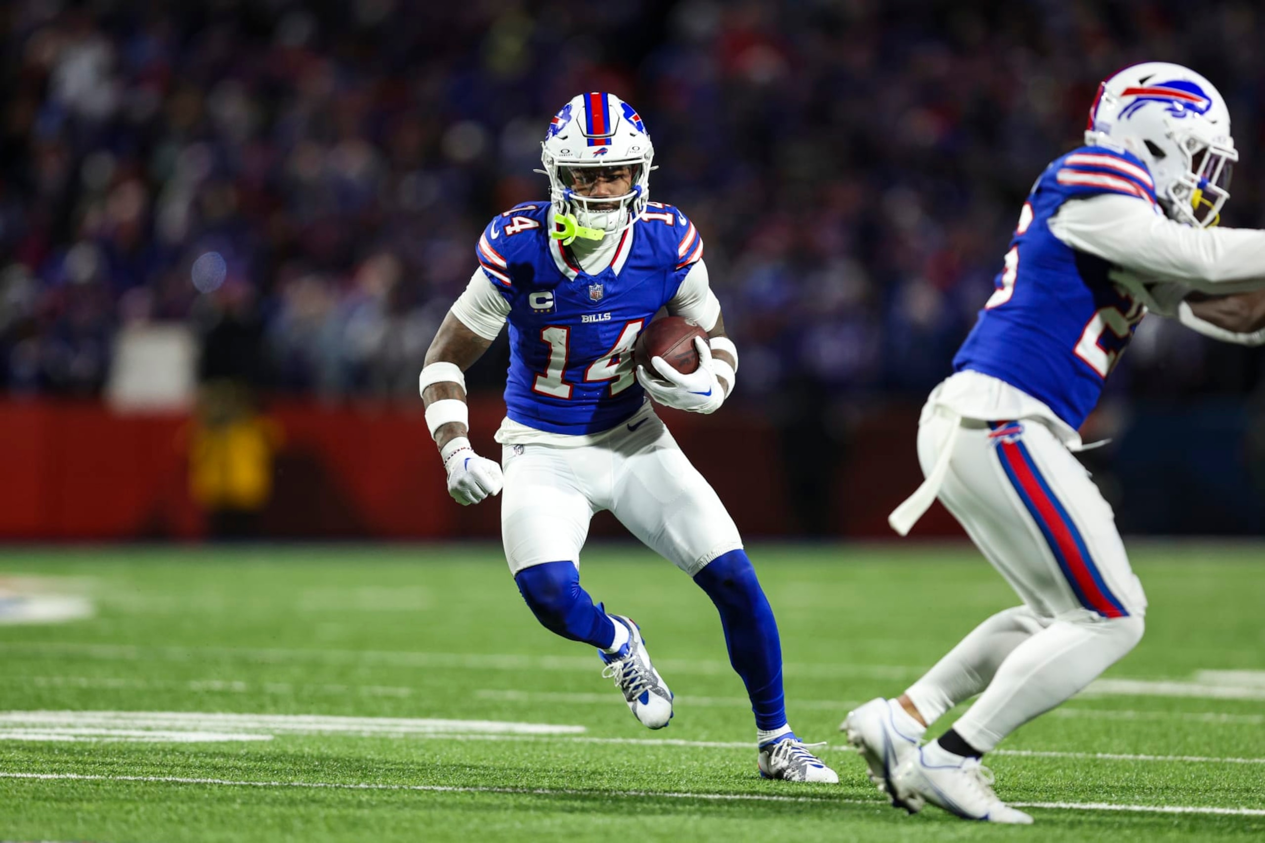 ORCHARD PARK, NY - JANUARY 21: Stefon Diggs #14 of the Buffalo Bills runs the ball during an NFL divisional round playoff football game against the Kansas City Chiefs at Highmark Stadium on January 21, 2024 in Orchard Park, New York. (Photo by Perry Knotts/Getty Images) ORCHARD PARK, NY - JANUARY 21: Stefon Diggs #14 of the Buffalo Bills runs the ball during an NFL divisional round playoff football game against the Kansas City Chiefs at Highmark Stadium on January 21, 2024 in Orchard Park, New York. (Photo by Perry Knotts/Getty Images)