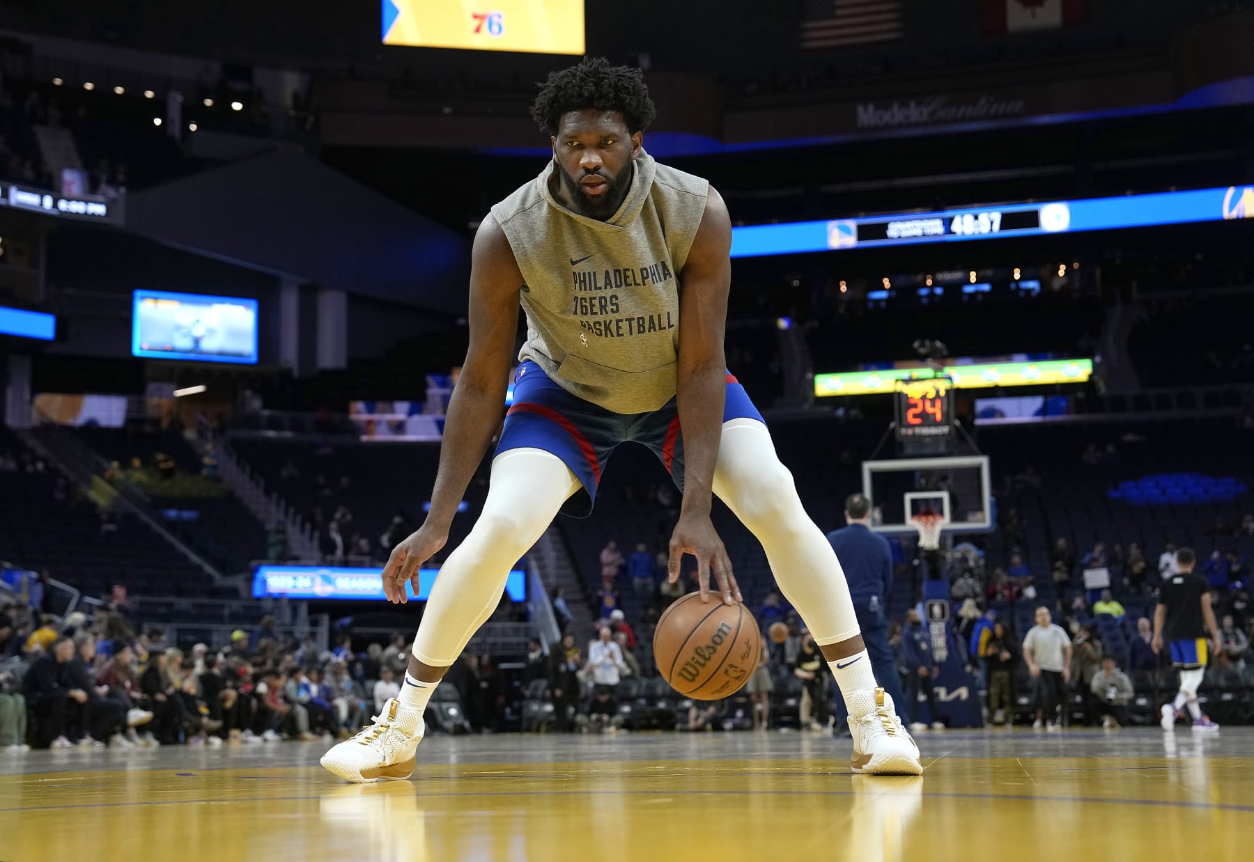 SAN FRANCISCO, CALIFORNIA - JANUARY 30: Joel Embiid #21 of the Philadelphia 76ers warms up prior to the start of an NBA basketball game against the Golden State Warriors at Chase Center on January 30, 2024 in San Francisco, California. NOTE TO USER: User expressly acknowledges and agrees that, by downloading and or using this photograph, User is consenting to the terms and conditions of the Getty Images License Agreement. (Photo by Thearon W. Henderson/Getty Images)