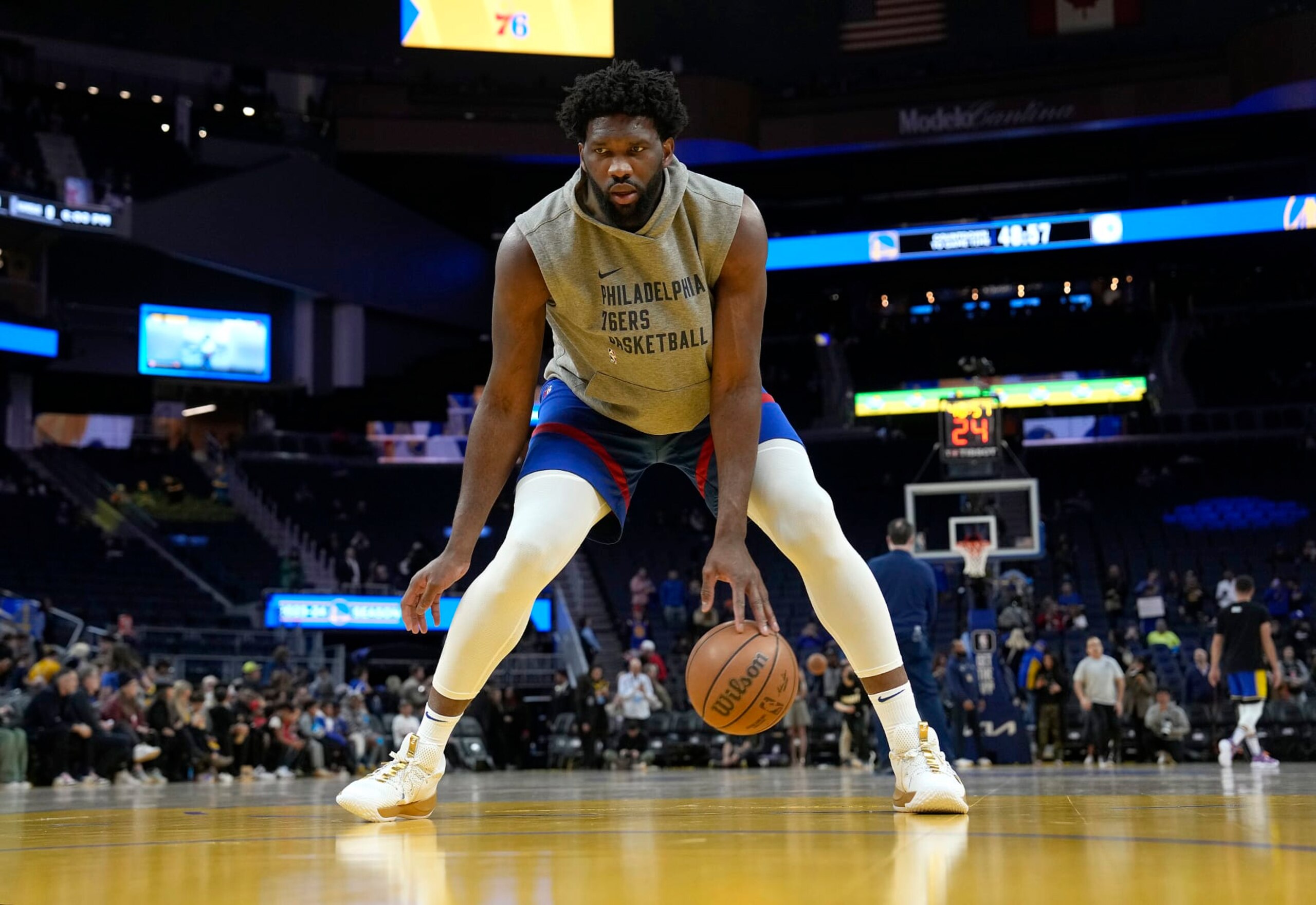 SAN FRANCISCO, CALIFORNIA - JANUARY 30: Joel Embiid #21 of the Philadelphia 76ers warms up prior to the start of an NBA basketball game against the Golden State Warriors at Chase Center on January 30, 2024 in San Francisco, California. NOTE TO USER: User expressly acknowledges and agrees that, by downloading and or using this photograph, User is consenting to the terms and conditions of the Getty Images License Agreement. (Photo by Thearon W. Henderson/Getty Images)