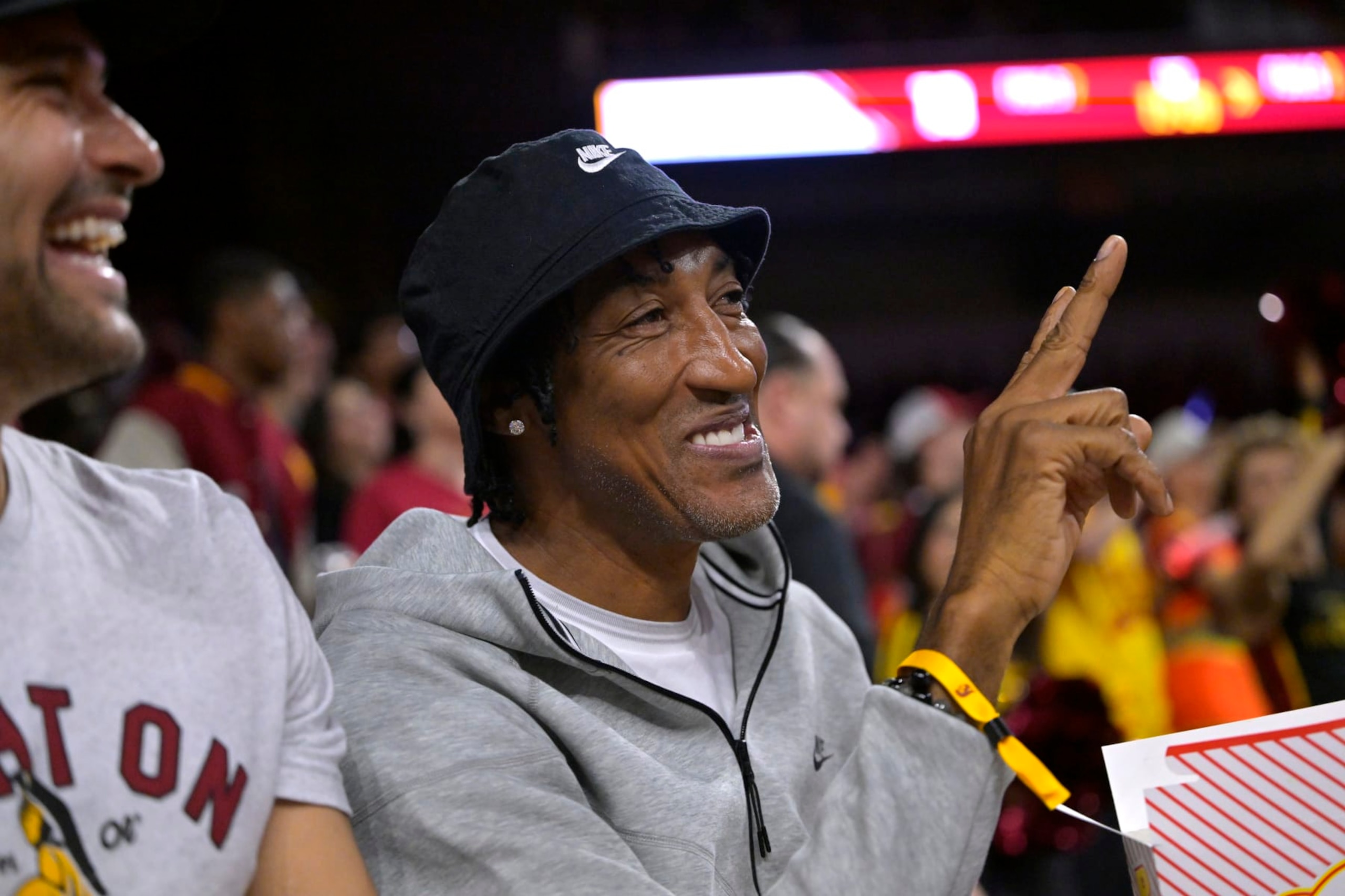 LOS ANGELES, CALIFORNIA - JANUARY 27:   Former USC Trojans and NFL quarterback Mark Sanchez, left, and former NBA player Scottie Pippen, attend the game against the UCLA Bruins at Galen Center on January 27, 2024 in Los Angeles, California. (Photo by Jayne Kamin-Oncea/Getty Images)