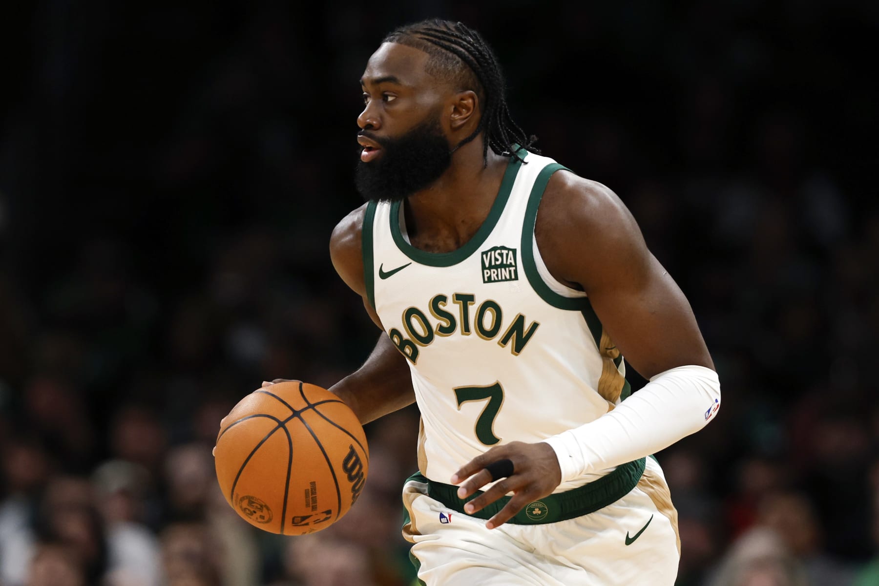 Boston, MA - February 27: Boston Celtics SG Jaylen Brown dribbles up-court in the first quarter. The Celtics defeated the Philadelphia 76ers, 117-99. (Photo by Danielle Parhizkaran/The Boston Globe via Getty Images)