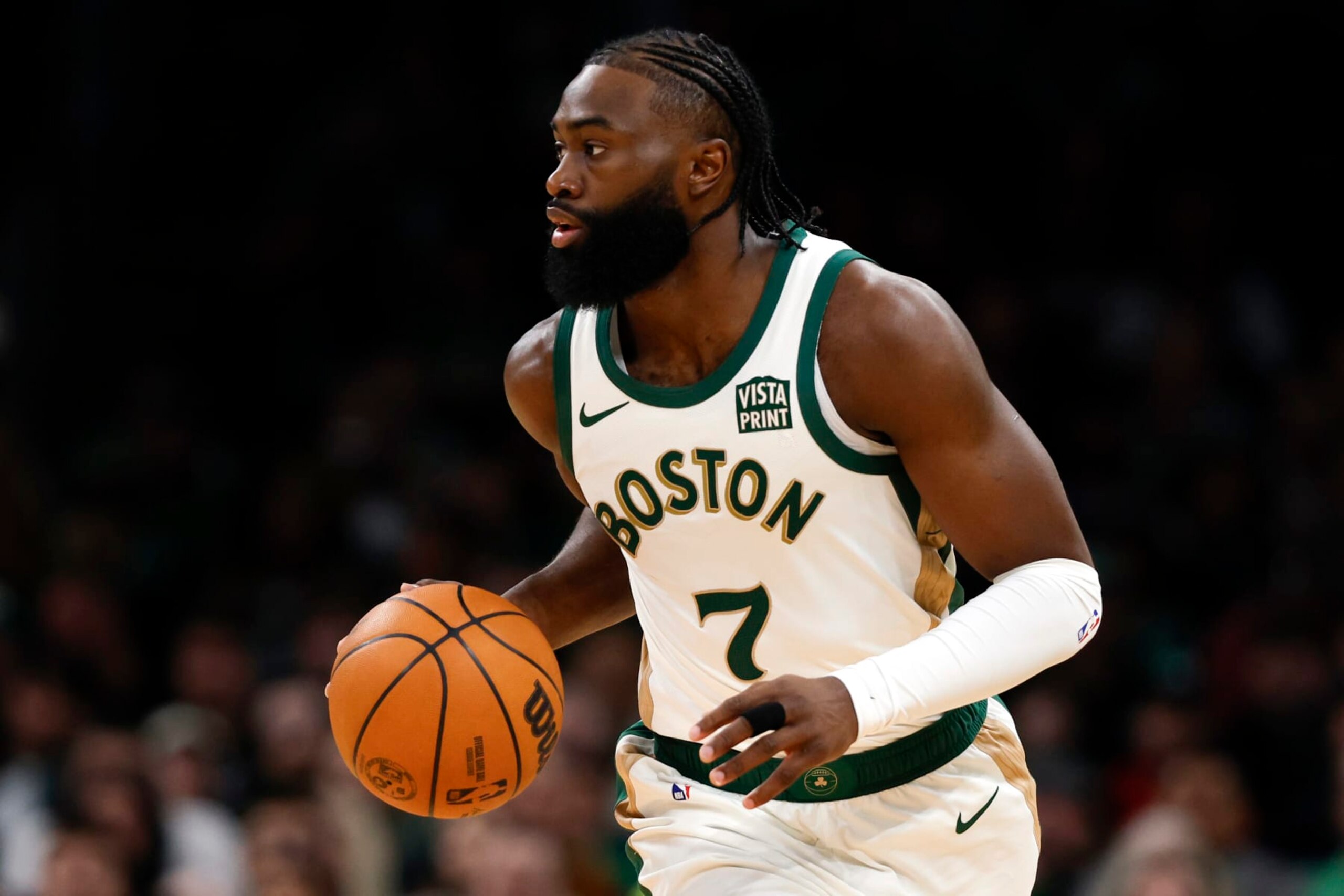 Boston, MA - February 27: Boston Celtics SG Jaylen Brown dribbles up-court in the first quarter. The Celtics defeated the Philadelphia 76ers, 117-99. (Photo by Danielle Parhizkaran/The Boston Globe via Getty Images)
