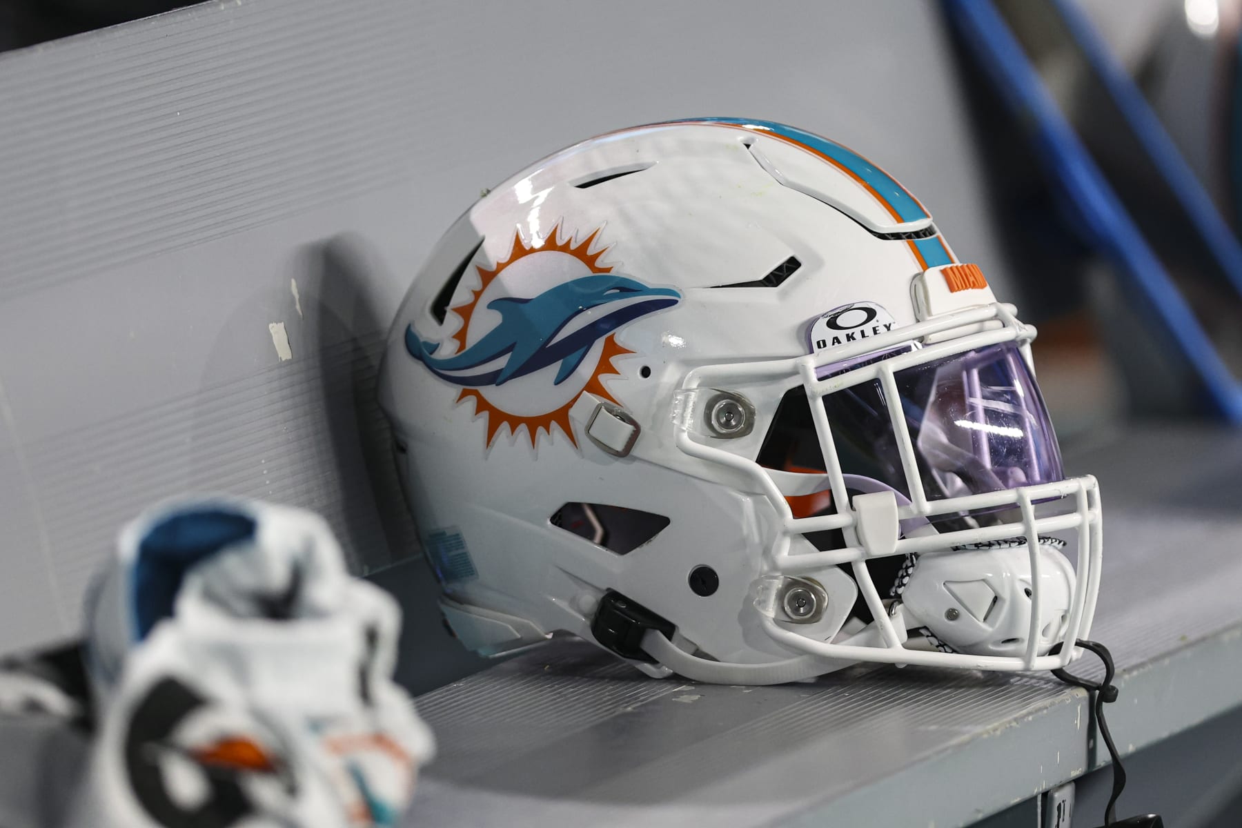 MIAMI GARDENS, FL - JANUARY 07:  Detailed view of an Miami Dolphins helmet during an NFL football game against the Buffalo Bills at Hard Rock Stadium on January 7, 2024 in Miami Gardens, Florida. (Photo by Perry Knotts/Getty Images)