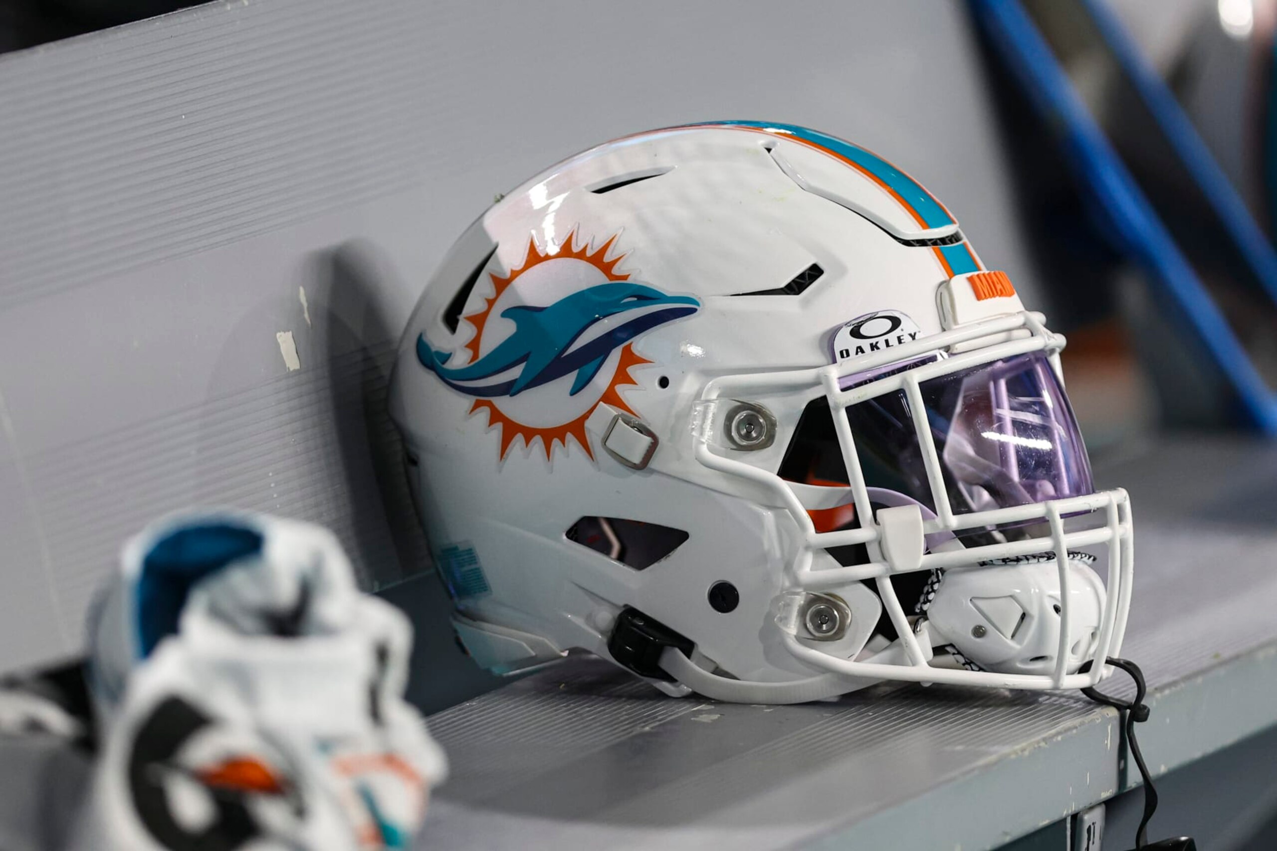 MIAMI GARDENS, FL - JANUARY 07:  Detailed view of an Miami Dolphins helmet during an NFL football game against the Buffalo Bills at Hard Rock Stadium on January 7, 2024 in Miami Gardens, Florida. (Photo by Perry Knotts/Getty Images)