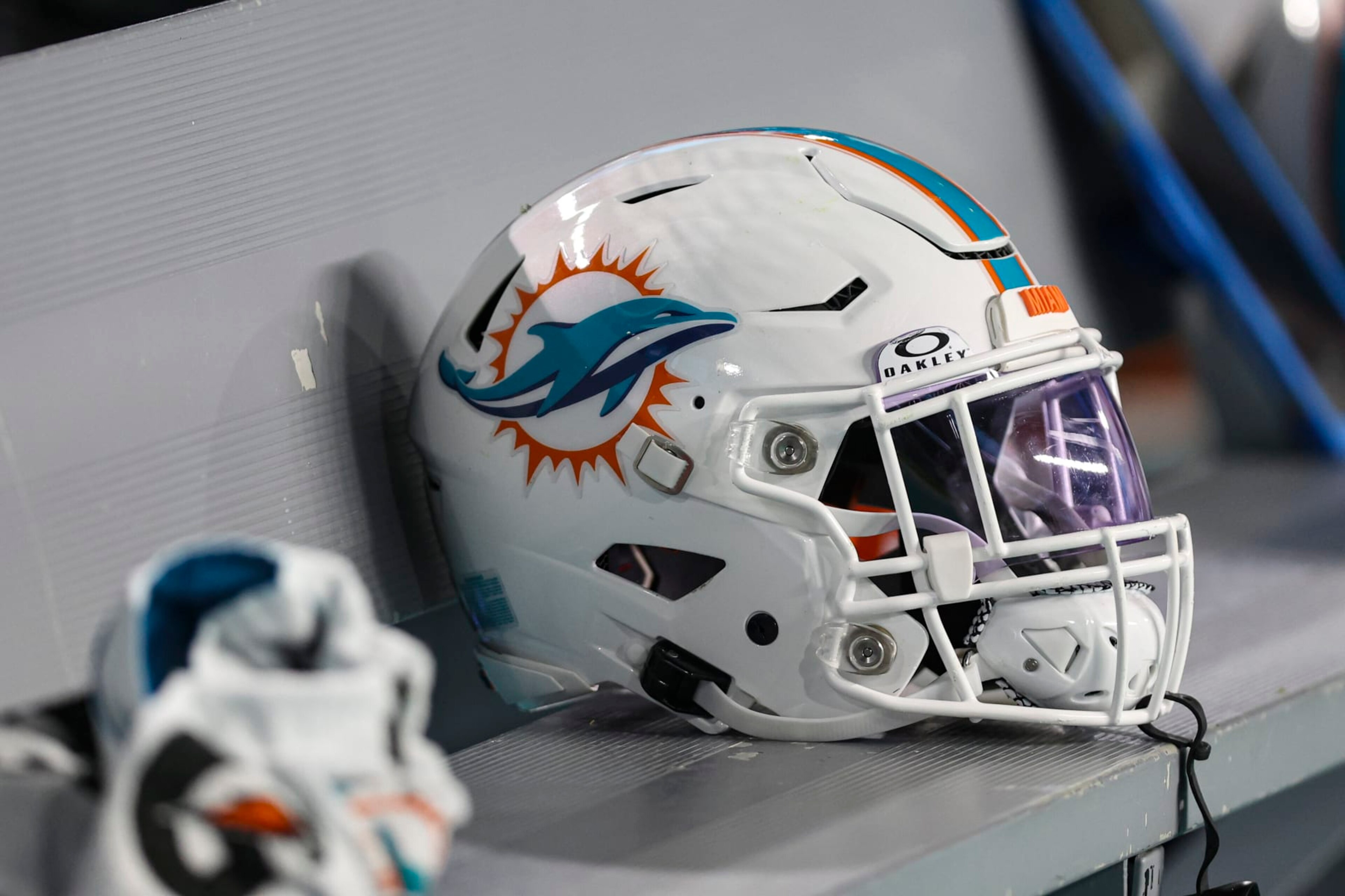MIAMI GARDENS, FL - JANUARY 07:  Detailed view of an Miami Dolphins helmet during an NFL football game against the Buffalo Bills at Hard Rock Stadium on January 7, 2024 in Miami Gardens, Florida. (Photo by Perry Knotts/Getty Images)