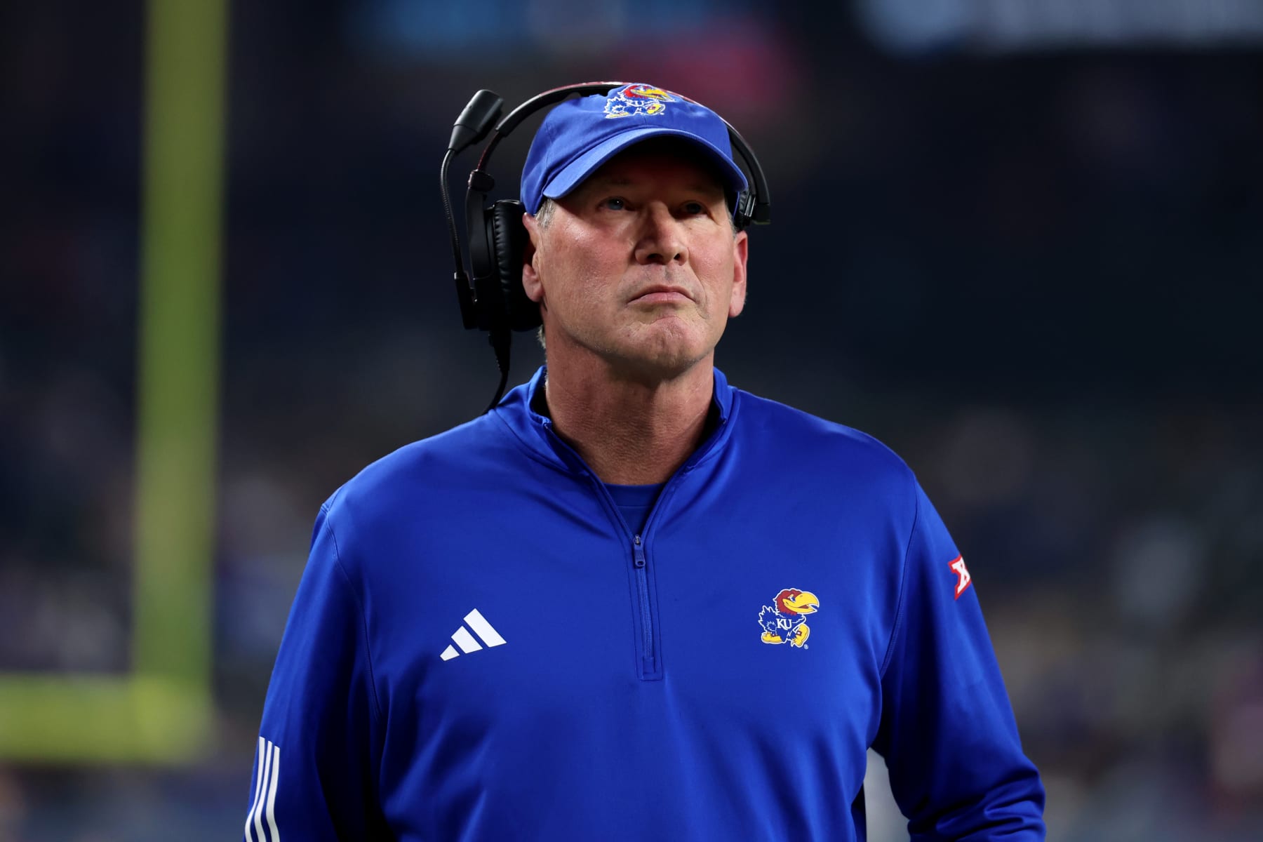 PHOENIX, AZ - DECEMBER 26: Kansas Jayhawks head coach Lance Leipold on the sidelines agaisnt the UNLV Rebels during the second half of the Guaranteed Rate Bowl college football game between the Kansas Jayhawks and the UNLV Rebels on December 26, 2023, at Chase Field in Phoenix, AZ. (Photo by Zac BonDurant/Icon Sportswire via Getty Images)