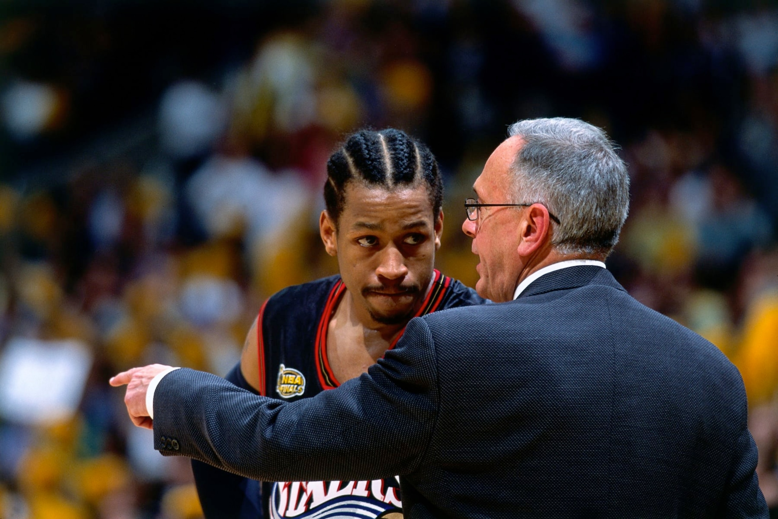 LOS ANGELES - JUNE 8:  Allen Iverson #3 and head coach Larry Brown of the Philadelphia 76ers talk strategy against  the Los Angeles Lakers during game two of the 2001 NBA Finals played June 8, 2001 at the Staples Center in Los Angeles, California.  NOTE TO USER: User expressly acknowledges and agrees that, by downloading and/or using this Photograph, user is consenting to the terms and conditions of the Getty Images License Agreement.  Mandatory Copyright Notice:  Copyright 2001 NBAE  (Photo by Nathaniel S. Butler/NBAE via Getty Images)