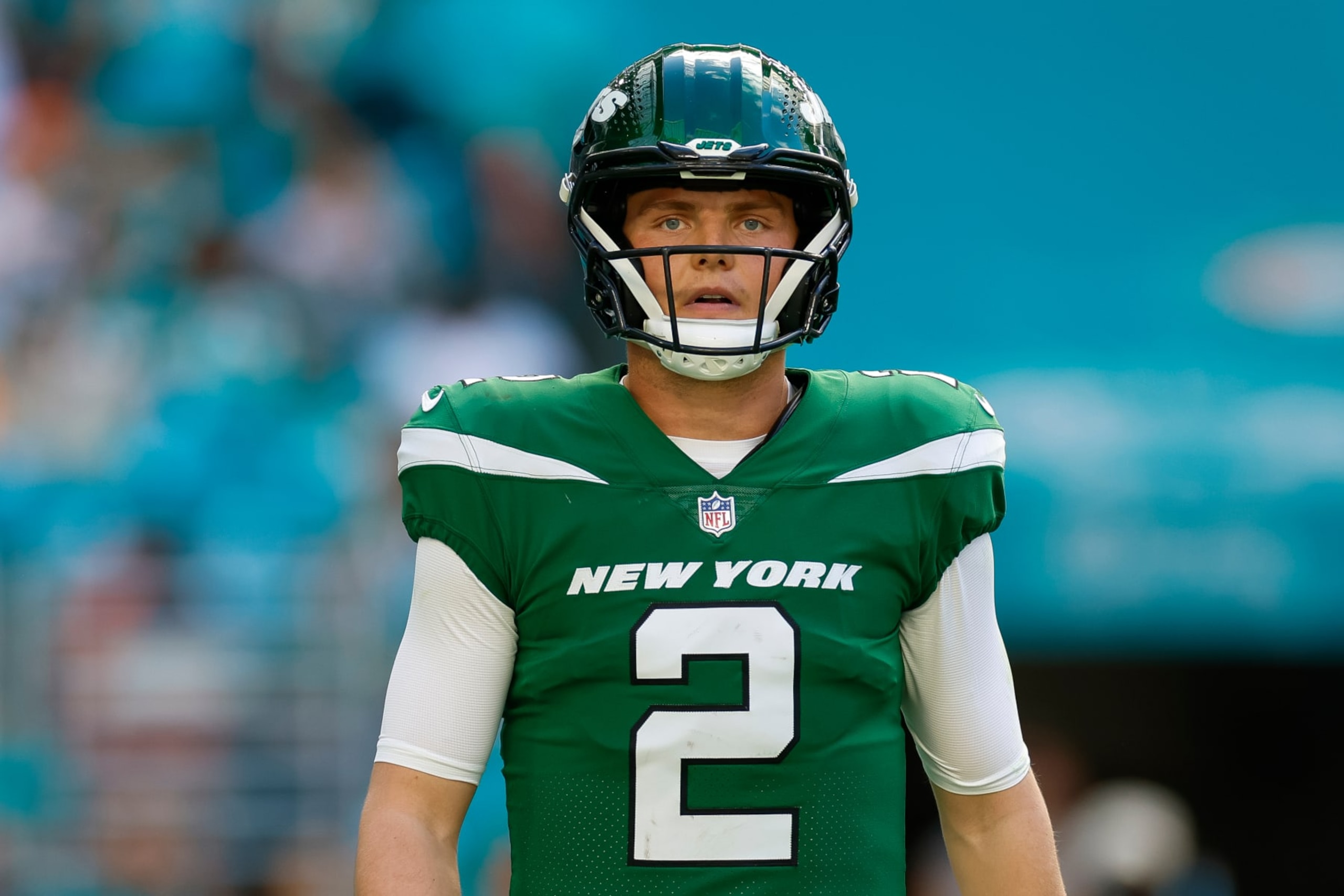 MIAMI GARDENS, FLORIDA - DECEMBER 17: Zach Wilson #2 of the New York Jets reacts in the first half during a game against the Miami Dolphins at Hard Rock Stadium on December 17, 2023 in Miami Gardens, Florida. (Photo by Brandon Sloter/Image Of Sport/Getty Images)