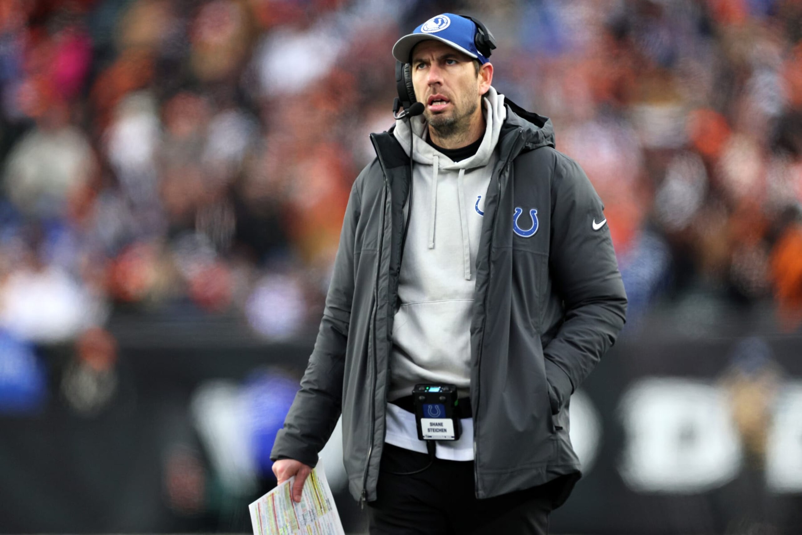 CINCINNATI, OHIO - DECEMBER 10: Head coach Shane Steichen of the Indianapolis Colts reacts during the game against the Cincinnati Bengals at Paycor Stadium on December 10, 2023 in Cincinnati, Ohio. (Photo by Andy Lyons/Getty Images)