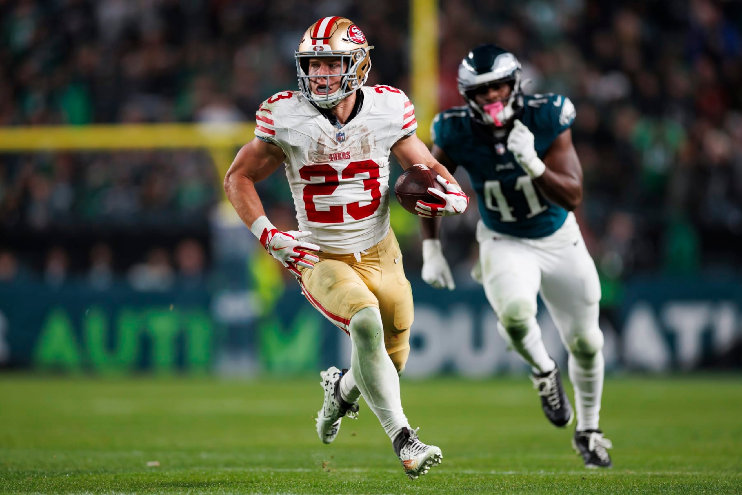 PHILADELPHIA, PENNSYLVANIA - DECEMBER 03: Christian McCaffrey #23 of the San Francisco 49ers  runs the ball after a catch during an NFL football game against the Philadelphia Eagles at Lincoln Financial Field on December 3, 2023 in Philadelphia, Pennsylvania. (Photo by Ryan Kang/Getty Images)