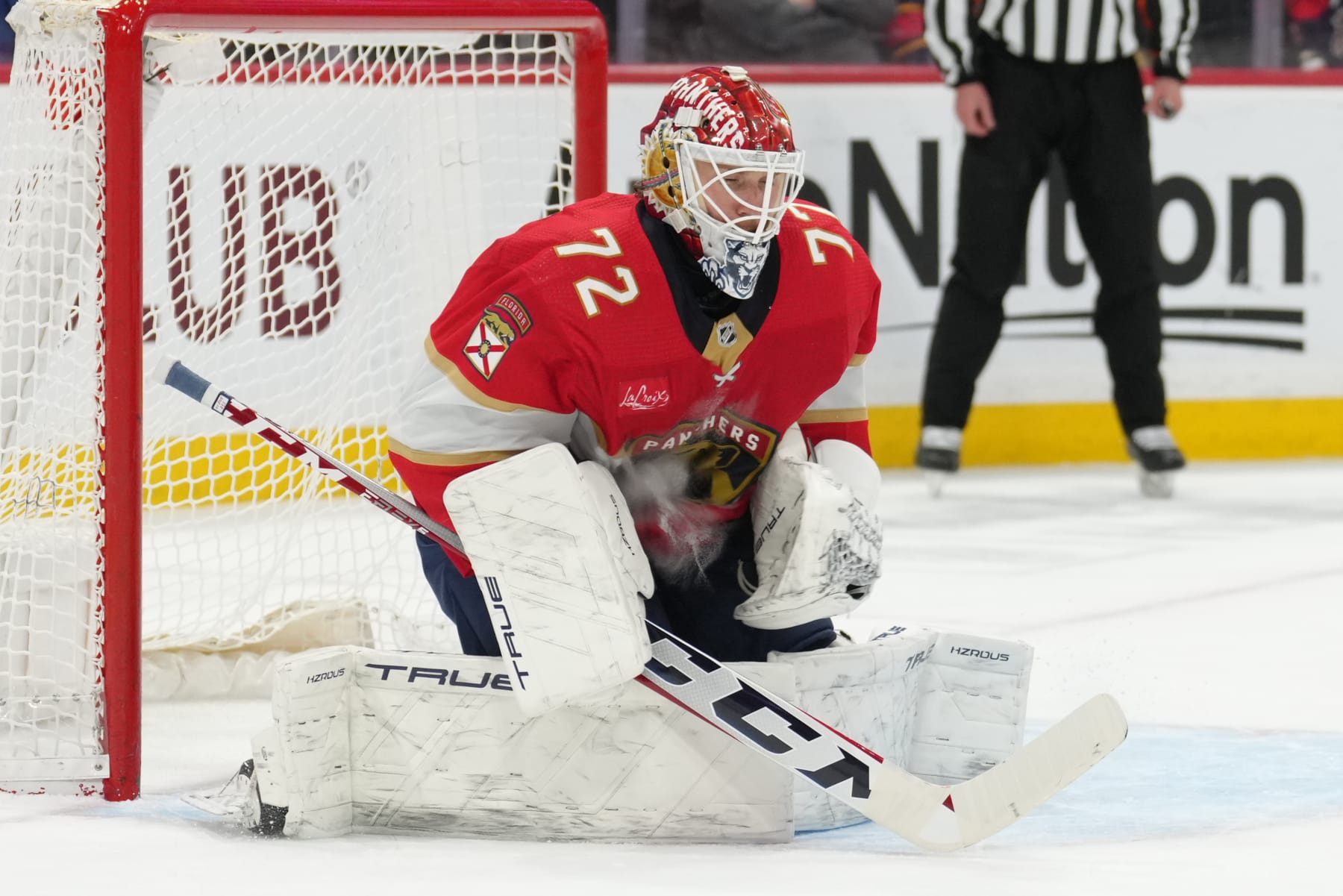SUNRISE, FL - FEBRUARY 27: Florida Panthers goaltender Sergei Bobrovsky (72) makes a chest save in the first period during the game between the Buffalo Sabres and the Florida Panthers on Tuesday, February 27, 2024 at Amerant Bank Arena in Sunrise, Fla. (Photo by Peter Joneleit/Icon Sportswire via Getty Images)