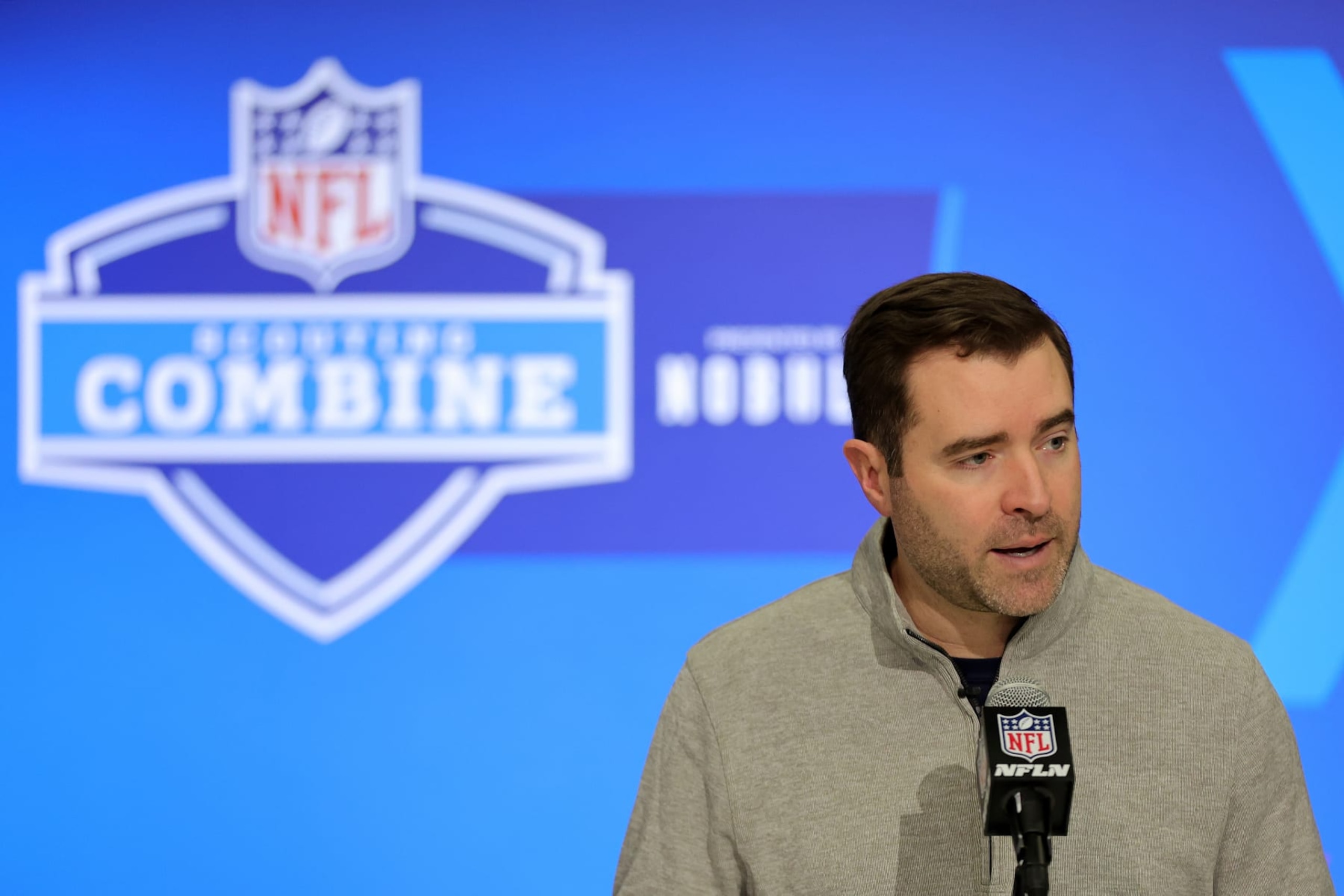 INDIANAPOLIS, INDIANA - FEBRUARY 27: Head coach Brian Callahan of the Tennessee Titans speaks to the media during the NFL Combine at the Indiana Convention Center on February 27, 2024 in Indianapolis, Indiana. (Photo by Stacy Revere/Getty Images)