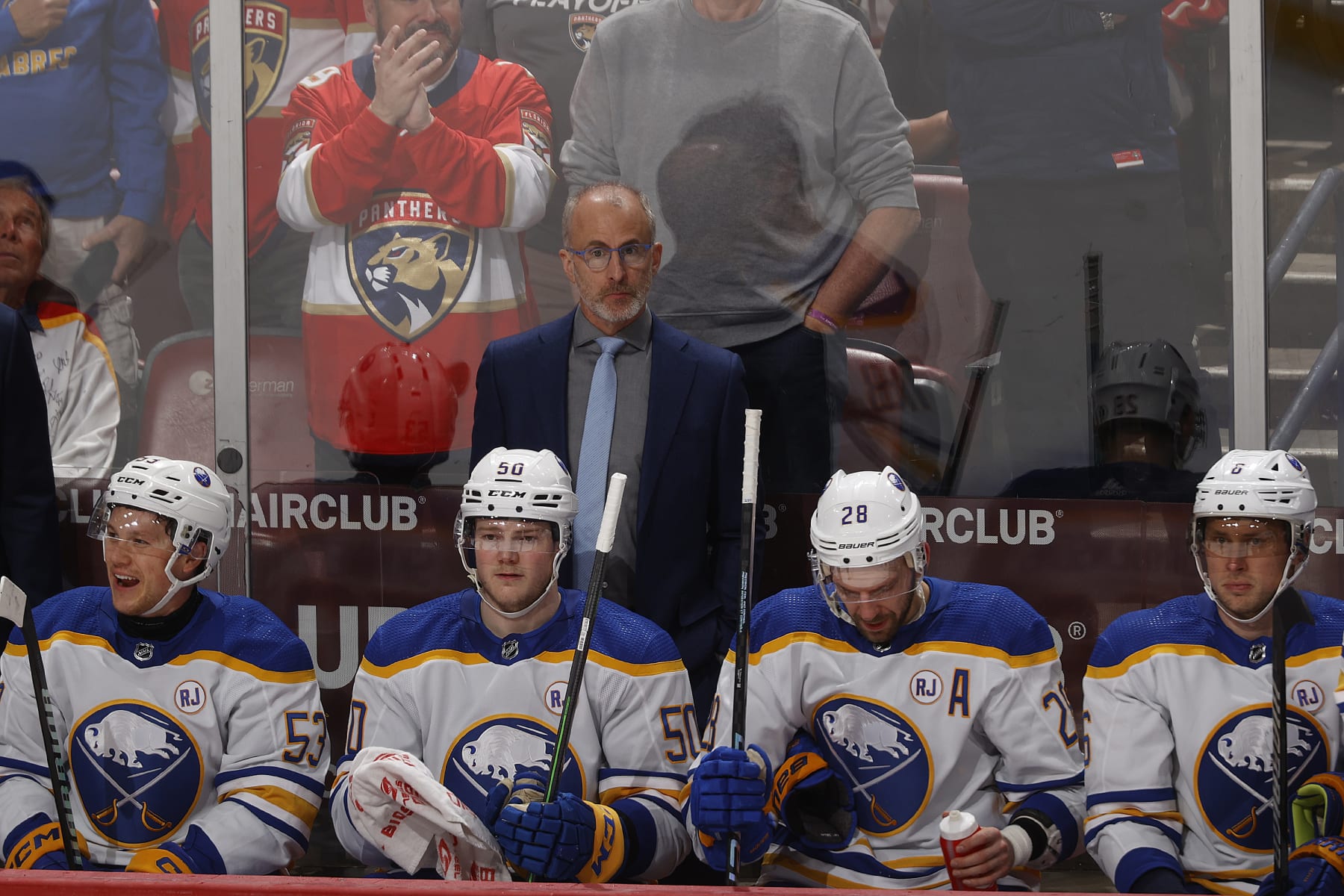 SUNRISE, FL - FEBRUARY 27: Head coach Don Granato of the Buffalo Sabres looks on during the second period against the Florida Panthers at the Amerant Bank Arena on February 27, 2024 in Sunrise, Florida. (Photo by Joel Auerbach/Getty Images)