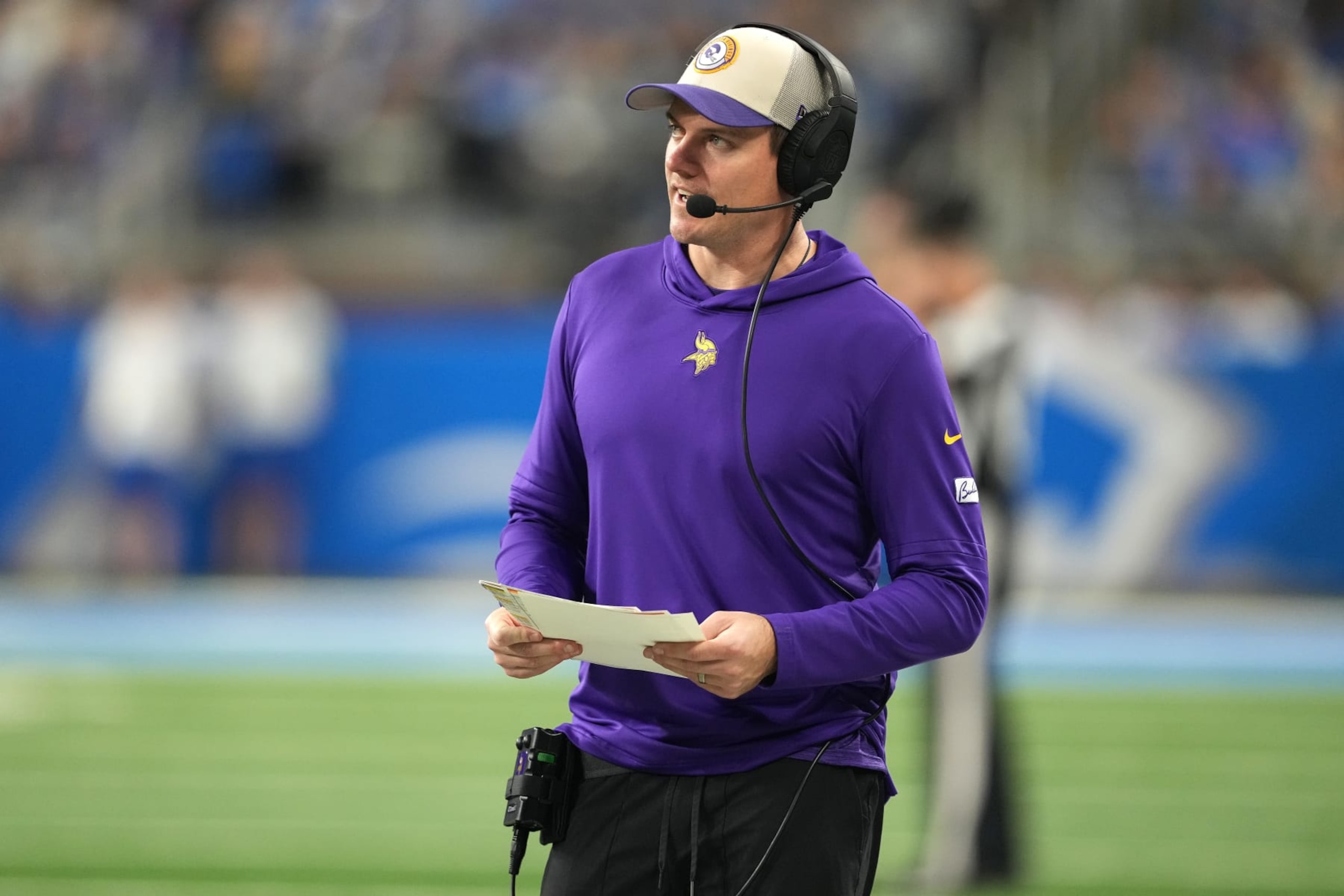 DETROIT, MICHIGAN - JANUARY 07: Head coach Kevin O'Connell of the Minnesota Vikings looks on during the fourth quarter in the game against the Detroit Lions at Ford Field on January 07, 2024 in Detroit, Michigan. (Photo by Nic Antaya/Getty Images)