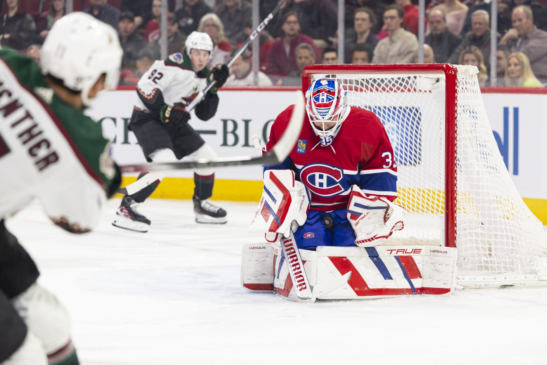 MONTREAL, CANADA - FEBRUARY 27: Sam Montembeault #35 of the Montreal Canadiens makes a save during the first period of the NHL regular season game between the Montreal Canadiens and the Arizona Coyotes at the Bell Centre on February 27, 2024 in Montreal, Quebec, Canada. (Photo by Vitor Munhoz/NHLI via Getty Images)