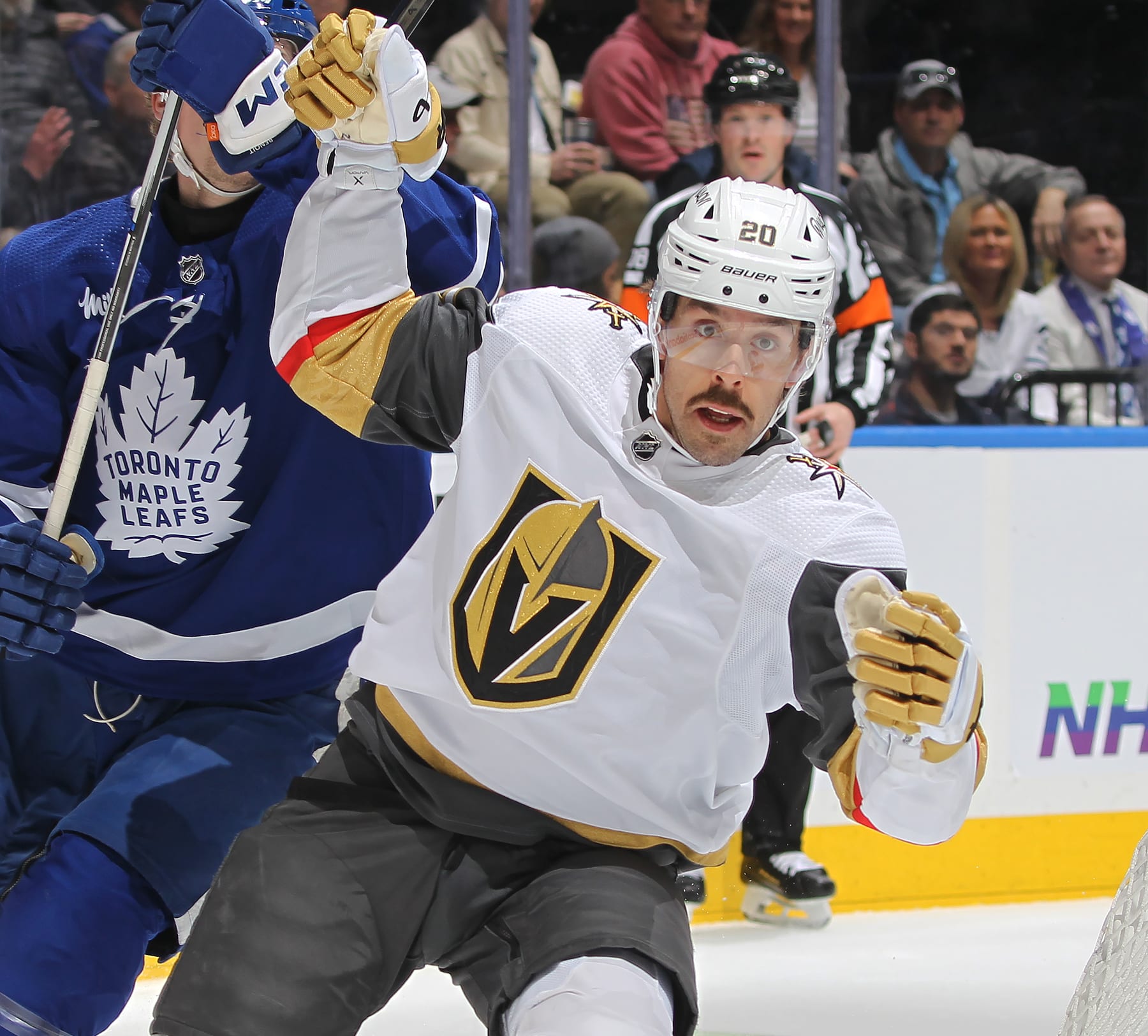 TORONTO, CANADA - FEBRUARY 27:  Chandler Stephenson #20 of the Vegas Golden Knights skates against the Toronto Maple Leafs during the first period in an NHL game at Scotiabank Arena on February 27, 2024 in Toronto, Ontario, Canada. The Golden Knights defeated the Maple Leafs 6-2. (Photo by Claus Andersen/Getty Images)