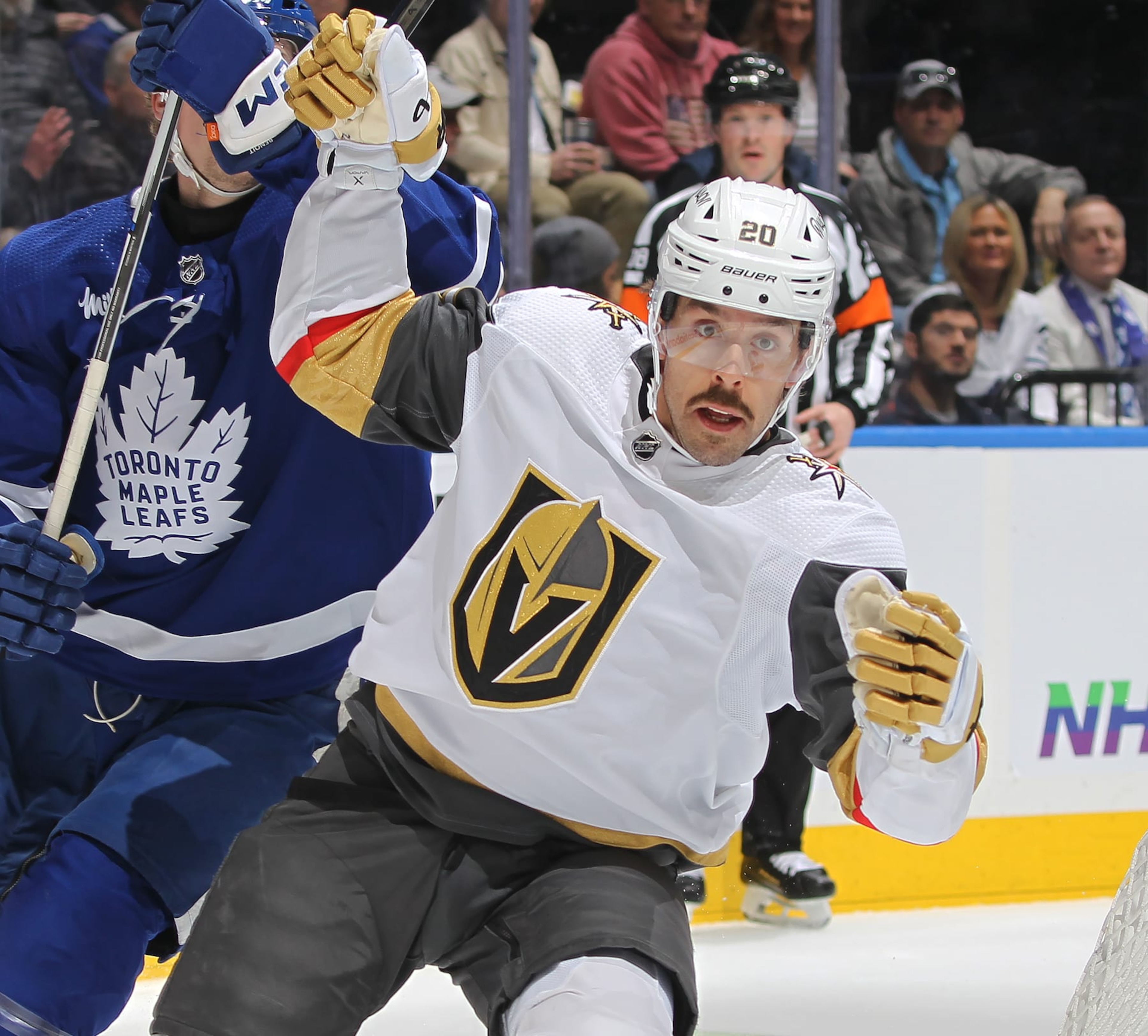 TORONTO, CANADA - FEBRUARY 27:  Chandler Stephenson #20 of the Vegas Golden Knights skates against the Toronto Maple Leafs during the first period in an NHL game at Scotiabank Arena on February 27, 2024 in Toronto, Ontario, Canada. The Golden Knights defeated the Maple Leafs 6-2. (Photo by Claus Andersen/Getty Images)