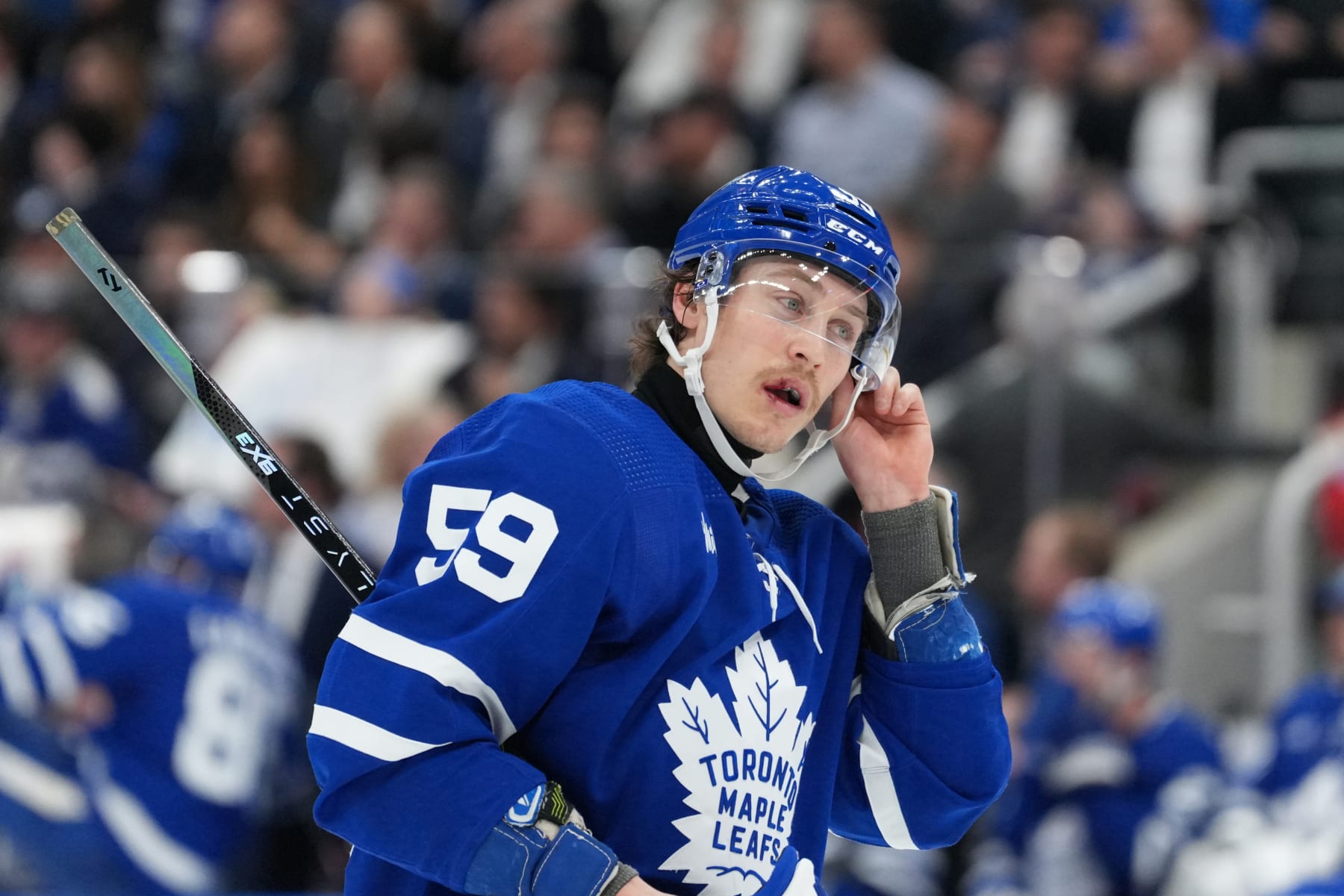 TORONTO, ON - FEBRUARY 27: Toronto Maple Leafs left wing Tyler Bertuzzi (59) adjusts his equipment after the whistle during the third period of the NHL regular season game between the Las Vegas Golden Knights and the Toronto Maple Leafs on February 27, 2024 at Scotiabank Arena in Toronto, ON. (Photo by Gavin Napier/Icon Sportswire via Getty Images)