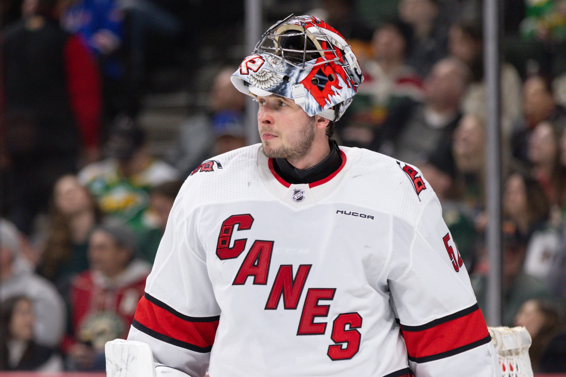 SAINT PAUL, MN - FEBRUARY 27: Carolina Hurricanes goaltender Pyotr Kochetkov (52) looks on during the second period of an NHL game between the Carolina Hurricanes and Minnesota Wild on February 27th, 2024, at the Xcel Energy Center in Saint Paul, MN. (Photo by Bailey Hillesheim/Icon Sportswire via Getty Images)
