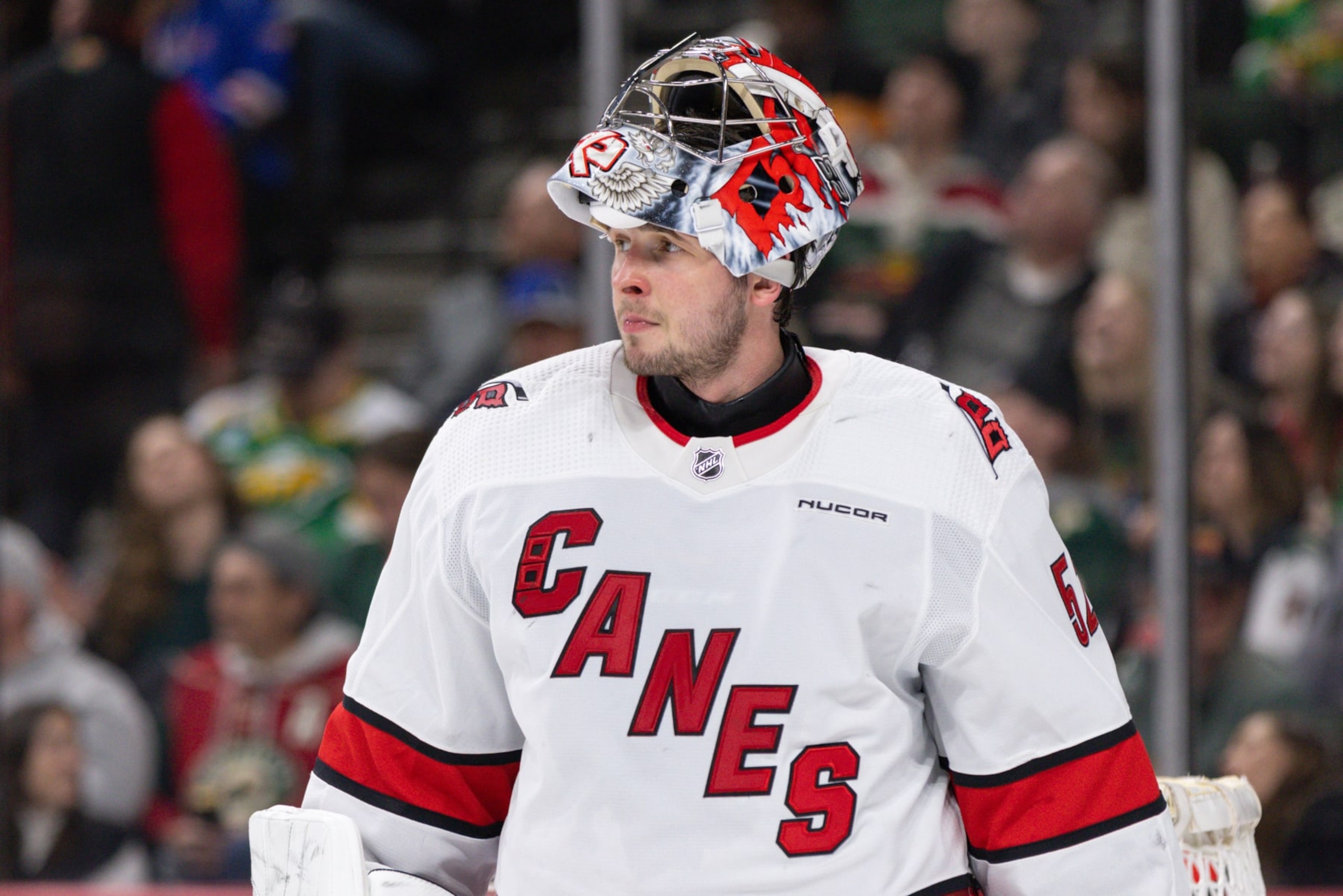 SAINT PAUL, MN - FEBRUARY 27: Carolina Hurricanes goaltender Pyotr Kochetkov (52) looks on during the second period of an NHL game between the Carolina Hurricanes and Minnesota Wild on February 27th, 2024, at the Xcel Energy Center in Saint Paul, MN. (Photo by Bailey Hillesheim/Icon Sportswire via Getty Images)