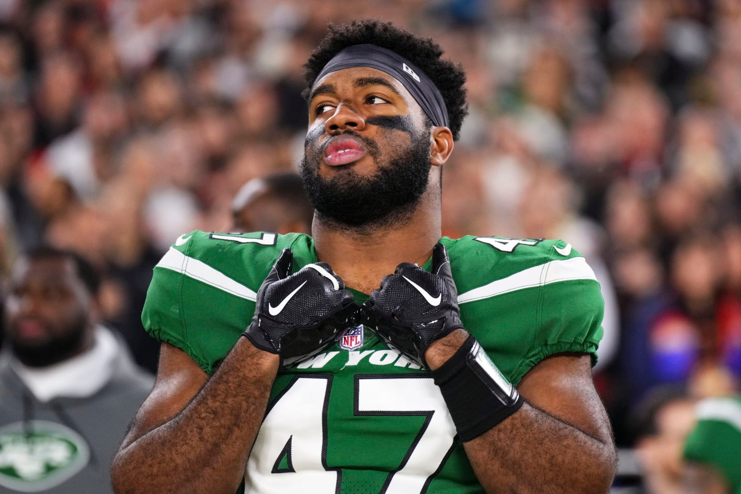 CLEVELAND, OH - DECEMBER 28: Bryce Huff #47 of the New York Jets looks on on from the sideline prior to an NFL football game against the Cleveland Browns at Cleveland Browns Stadium on December 28, 2023 in Cleveland, Ohio. (Photo by Cooper Neill/Getty Images)