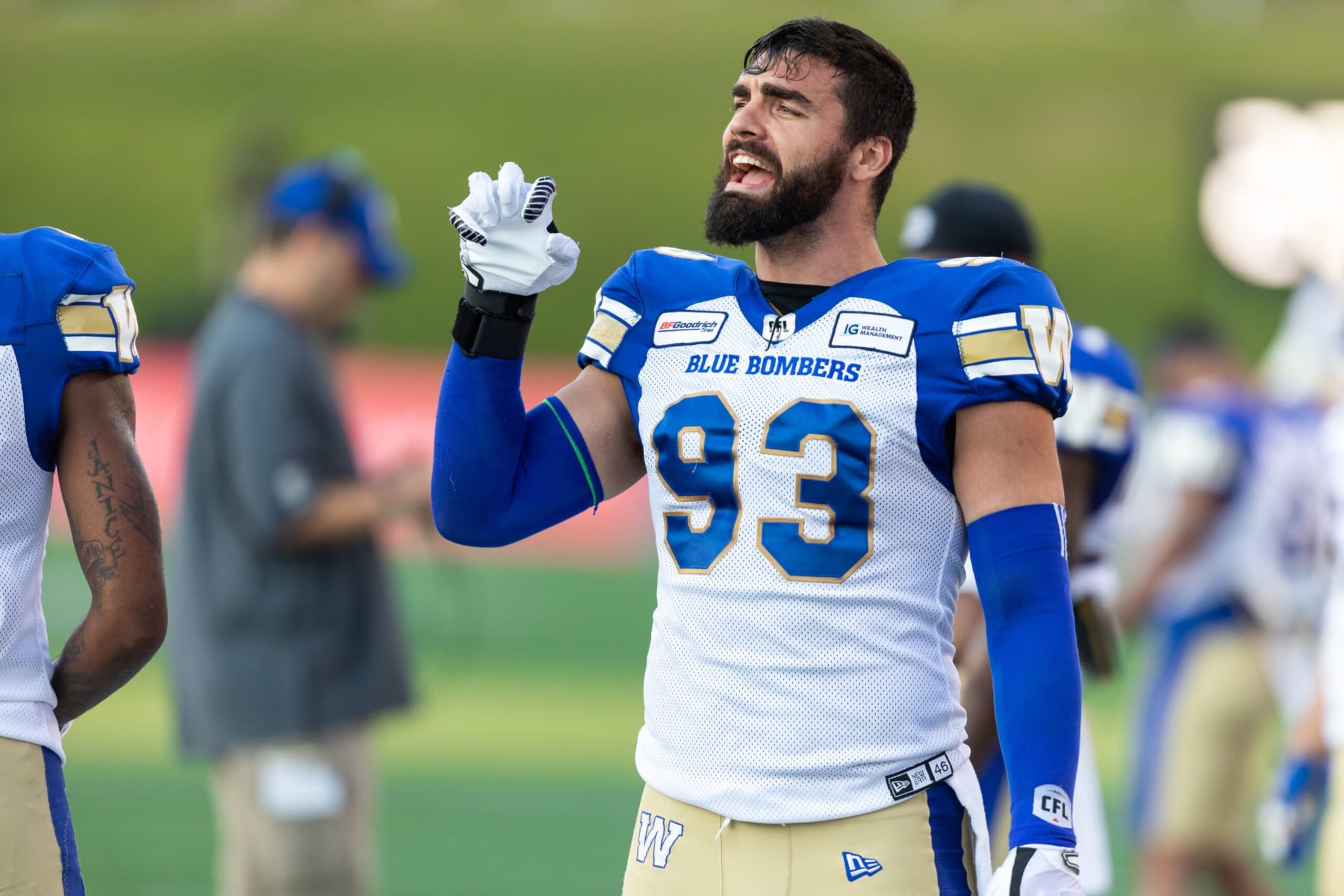 OTTAWA, ON - JULY 05: Winnipeg Blue Bombers defensive lineman Craig Roh (93) during warm-up before Canadian Football League action between the Winnipeg Blue Bombers and Ottawa Redblacks on July 5, 2019, at TD Place at Lansdowne Park in Ottawa, ON, Canada. (Photo by Richard A. Whittaker/Icon Sportswire via Getty Images)