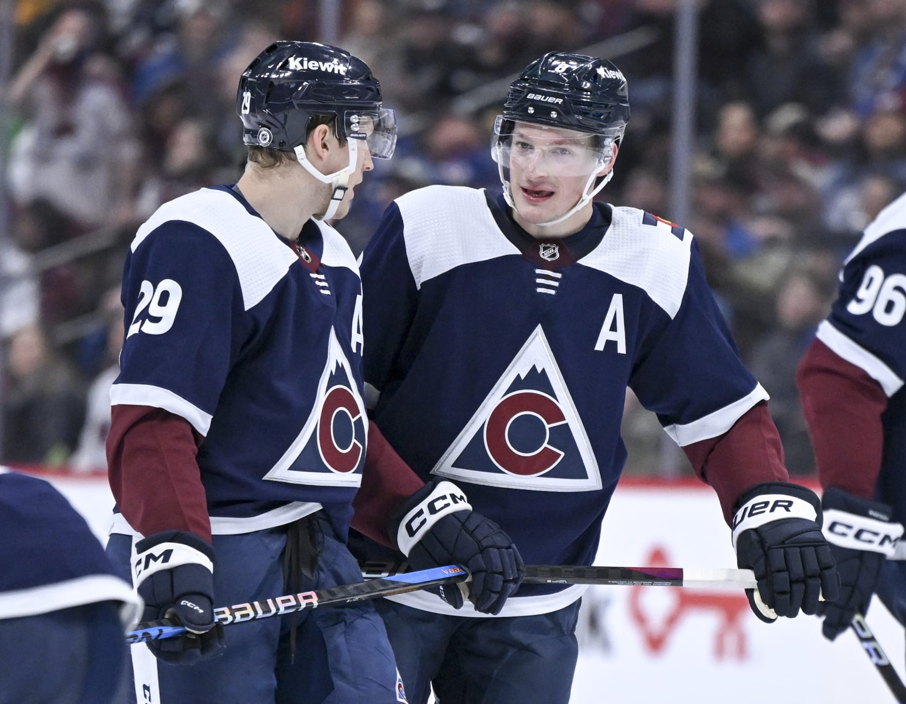 DENVER, CO - FEBRUARY 27: Nathan MacKinnon (29) and Cale Makar (8) of the Colorado Avalanche talk during the third period against the Dallas Stars at Ball Arena in Denver on Tuesday, February 27, 2024. (Photo by AAron Ontiveroz/The Denver Post)