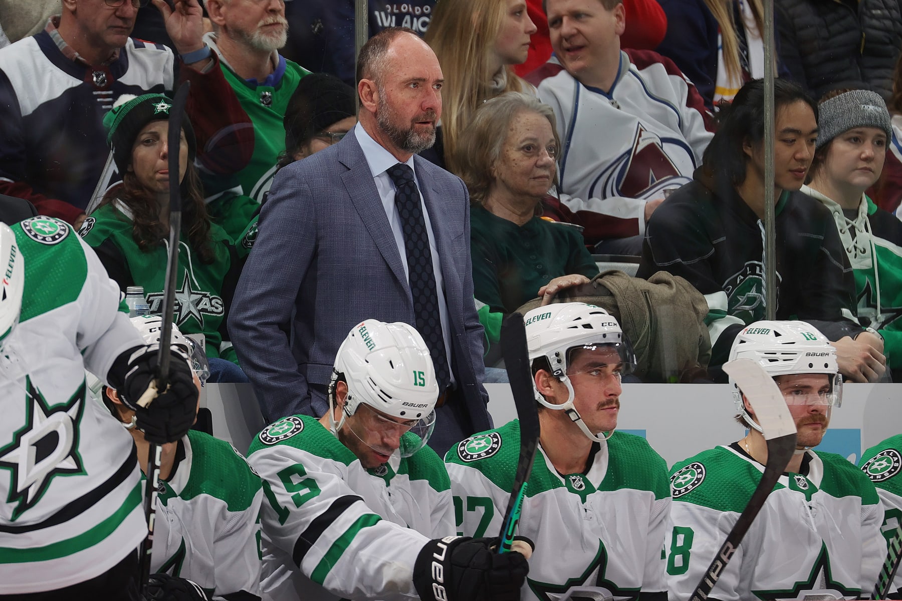 DENVER, COLORADO - FEBRUARY 27: Head coach of the Dallas Stars Pete DeBoer looks on during the second period against the Colorado Avalanche at Ball Arena on February 27, 2024 in Denver, Colorado. (Photo by Michael Martin/NHLI via Getty Images)