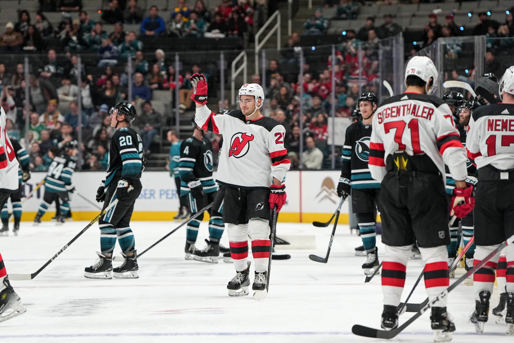 SAN JOSE, CALIFORNIA - FEBRUARY 27: Timo Meier #28 of the New Jersey Devils waving to the crowd in his return to San Jose at SAP Center on February 27, 2024 in San Jose, California. (Photo by Andreea Cardani/NHLI via Getty Images)
