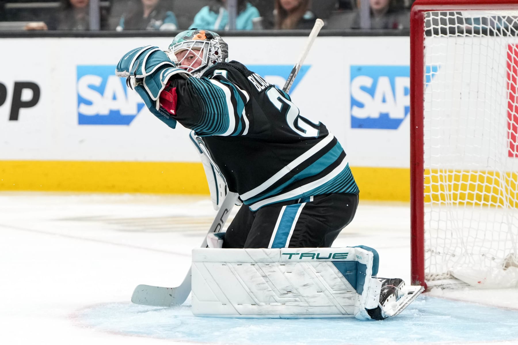 SAN JOSE, CALIFORNIA - FEBRUARY 19: Mackenzie Blackwood #29 of the San Jose Sharks stops the puck against the Vegas Golden Knights at SAP Center on February 19, 2024 in San Jose, California. (Photo by Andreea Cardani/NHLI via Getty Images)