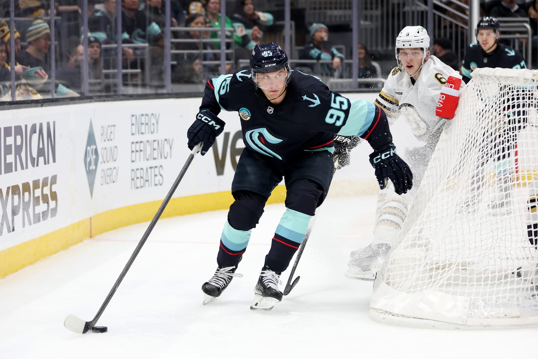 SEATTLE, WASHINGTON - FEBRUARY 26: Andre Burakovsky #95 of the Seattle Kraken skates against the Boston Bruins during the second period at Climate Pledge Arena on February 26, 2024 in Seattle, Washington. (Photo by Steph Chambers/Getty Images)