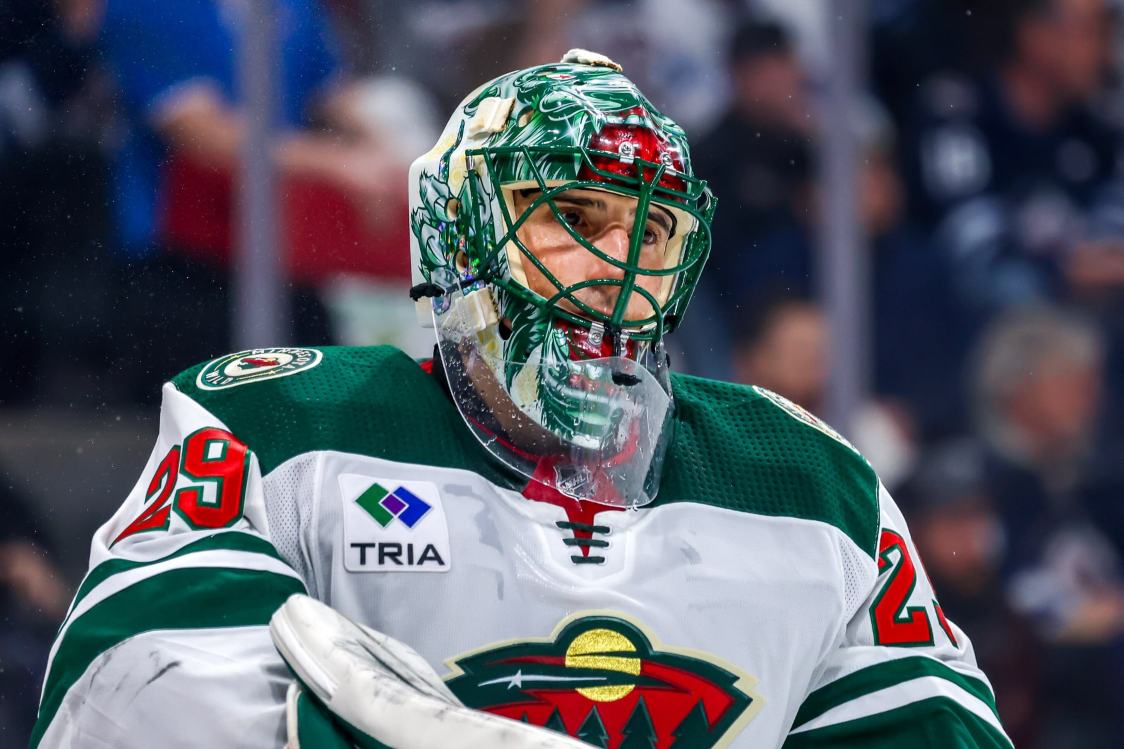 WINNIPEG, CANADA - FEBRUARY 20: Goaltender Marc-Andre Fleury #29 of the Minnesota Wild looks on during a second period stoppage of play against the Winnipeg Jets at Canada Life Centre on February 20, 2024 in Winnipeg, Manitoba, Canada. (Photo by Jonathan Kozub/NHLI via Getty Images) WINNIPEG, CANADA - FEBRUARY 20: Goaltender Marc-Andre Fleury #29 of the Minnesota Wild looks on during a second period stoppage of play against the Winnipeg Jets at Canada Life Centre on February 20, 2024 in Winnipeg, Manitoba, Canada. (Photo by Jonathan Kozub/NHLI via Getty Images)