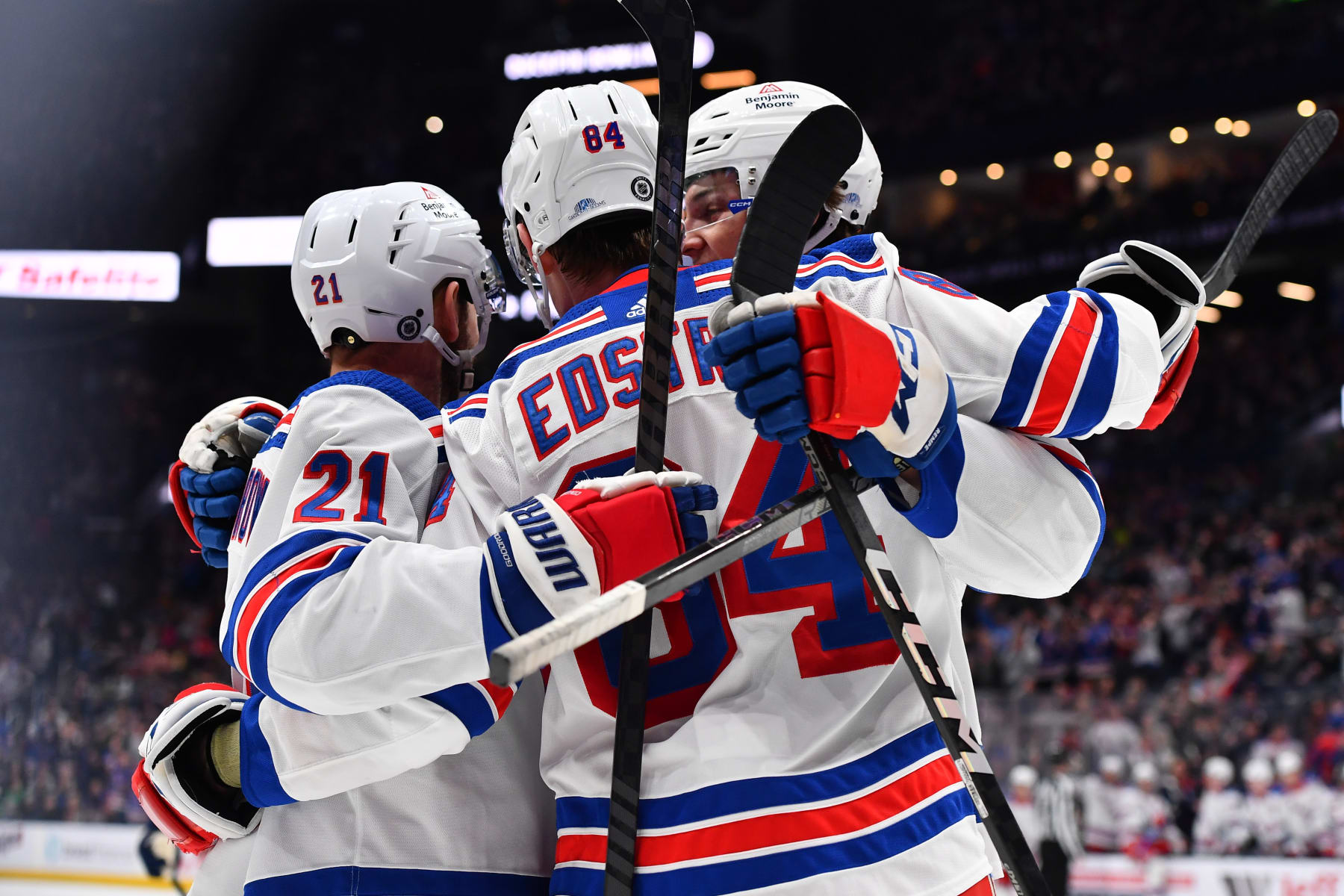 COLUMBUS, OHIO - FEBRUARY 25: Adam Edstrom #84 of the New York Rangers celebrates his second period goal during a game against the Columbus Blue Jackets at Nationwide Arena on February 25, 2024 in Columbus, Ohio. (Photo by Ben Jackson/NHLI via Getty Images)