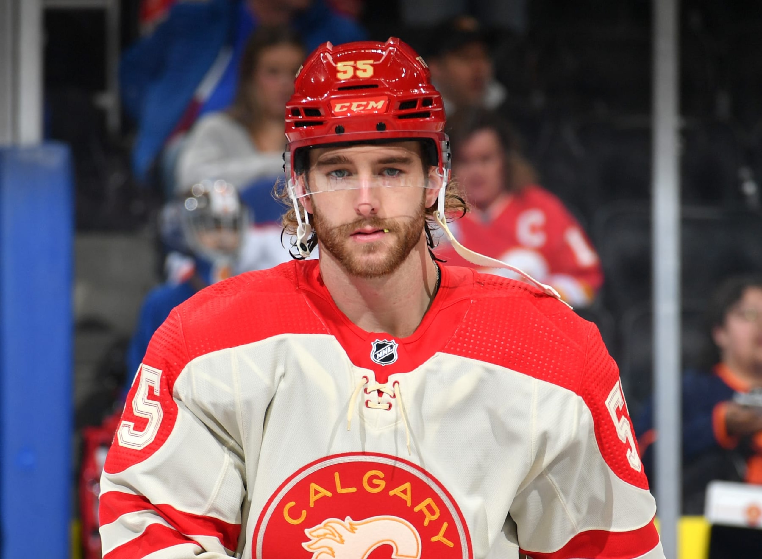 EDMONTON, CANADA - FEBRUARY 24: Noah Hanifin #55 of the Calgary Flames warms up before the game against the Edmonton Oilers at Rogers Place on February 24, 2024, in Edmonton, Alberta, Canada. (Photo by Andy Devlin/NHLI via Getty Images)