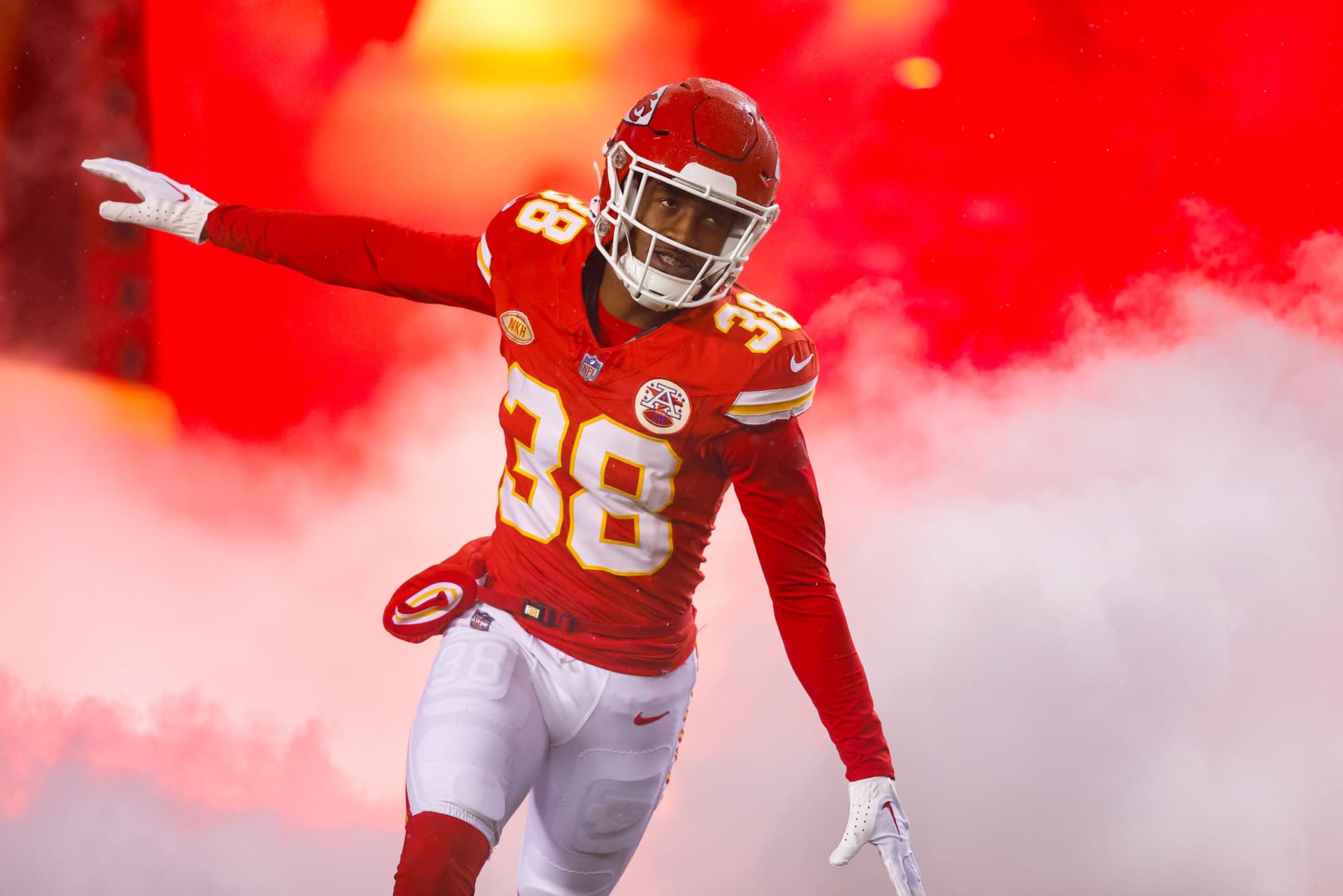 KANSAS CITY, MISSOURI - NOVEMBER 20: L'Jarius Sneed #38 of the Kansas City Chiefs runs on the field during pregame introductions prior to the game against the Philadelphia Eagles at GEHA Field at Arrowhead Stadium on November 20, 2023 in Kansas City, Missouri. (Photo by David Eulitt/Getty Images)