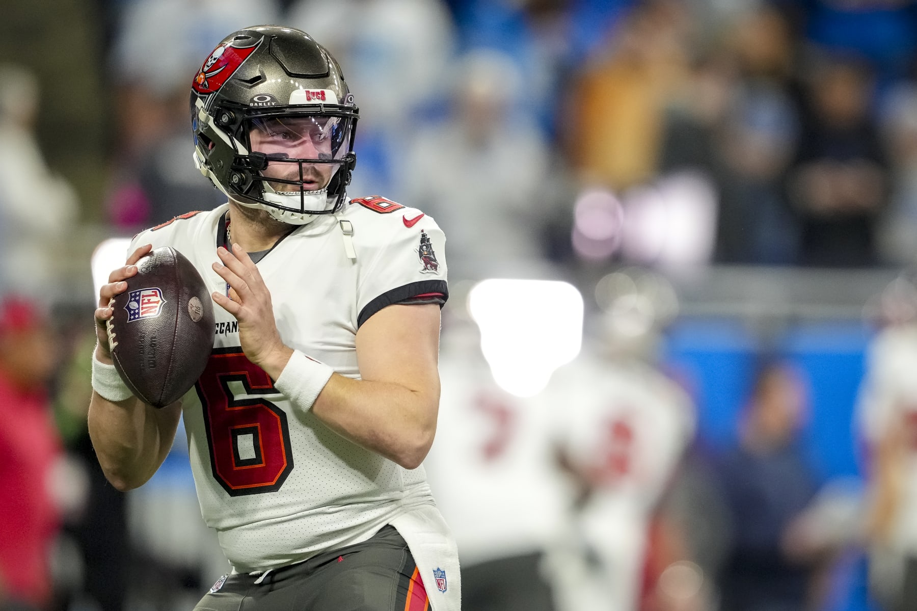 DETROIT, MICHIGAN - JANUARY 21: Baker Mayfield #6 of the Tampa Bay Buccaneers passes the ball against the Detroit Lions at Ford Field on January 21, 2024 in Detroit, Michigan. (Photo by Nic Antaya/Getty Images)