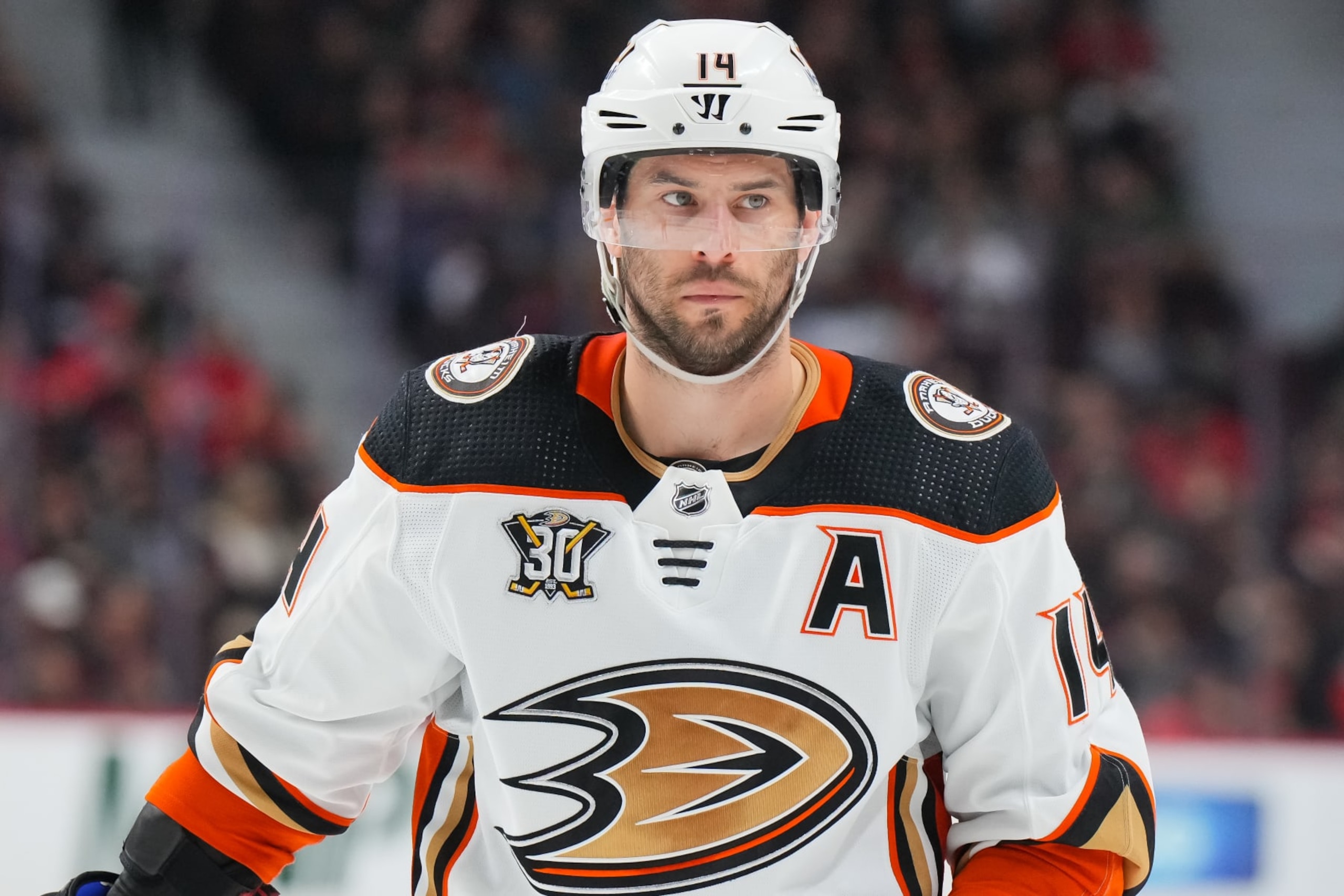 OTTAWA, CANADA - FEBRUARY 15:  Adam Henrique #14 of the Anaheim Ducks skates against the Ottawa Senators at Canadian Tire Centre on February 15, 2024 in Ottawa, Ontario, Canada.  (Photo by André Ringuette/NHLI via Getty Images)