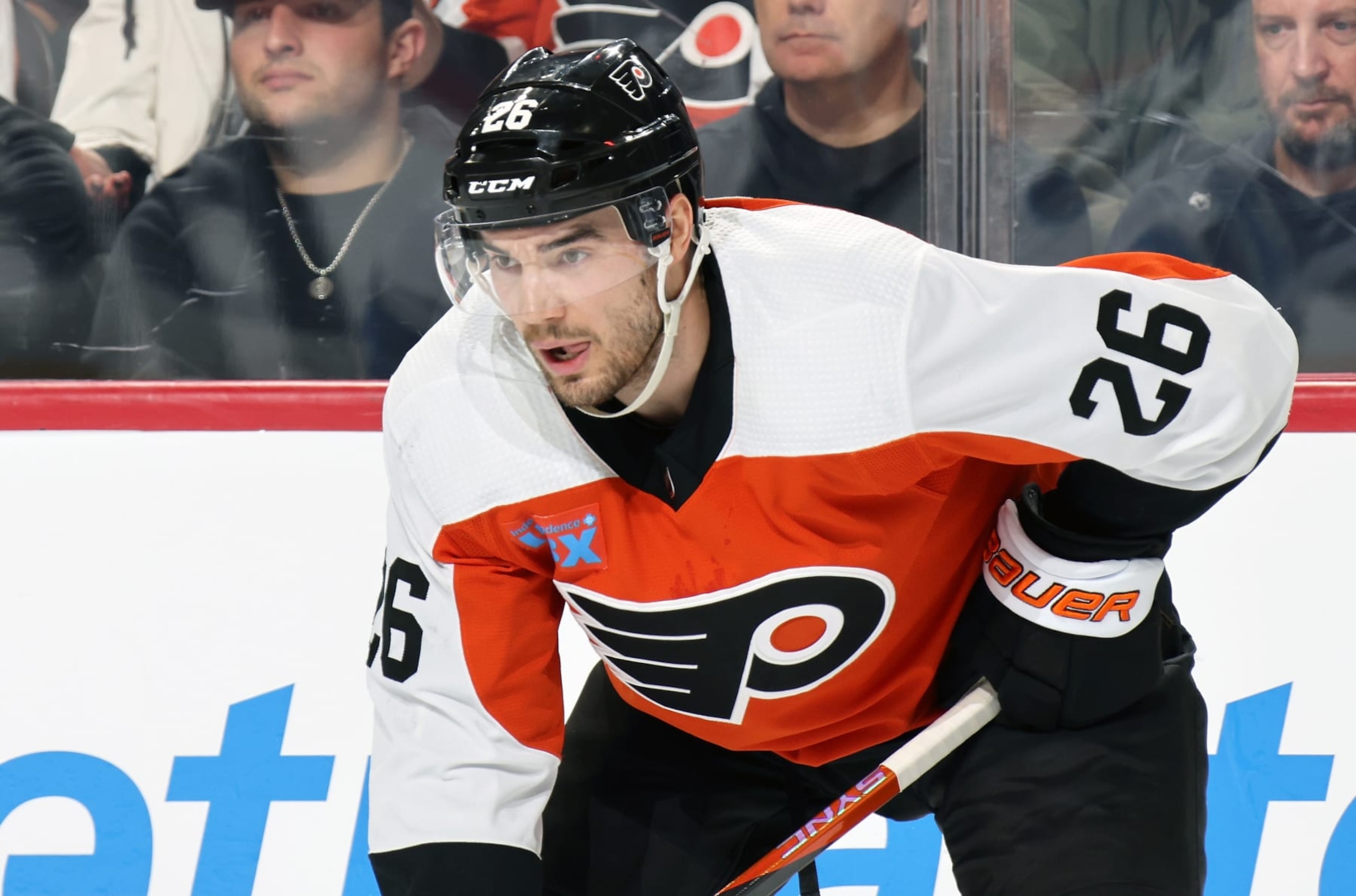 PHILADELPHIA, PENNSYLVANIA - FEBRUARY 08:  Sean Walker #26 of the Philadelphia Flyers looks on against the Winnipeg Jets at the Wells Fargo Center on February 8, 2024 in Philadelphia, Pennsylvania.  (Photo by Len Redkoles/NHLI via Getty Images)