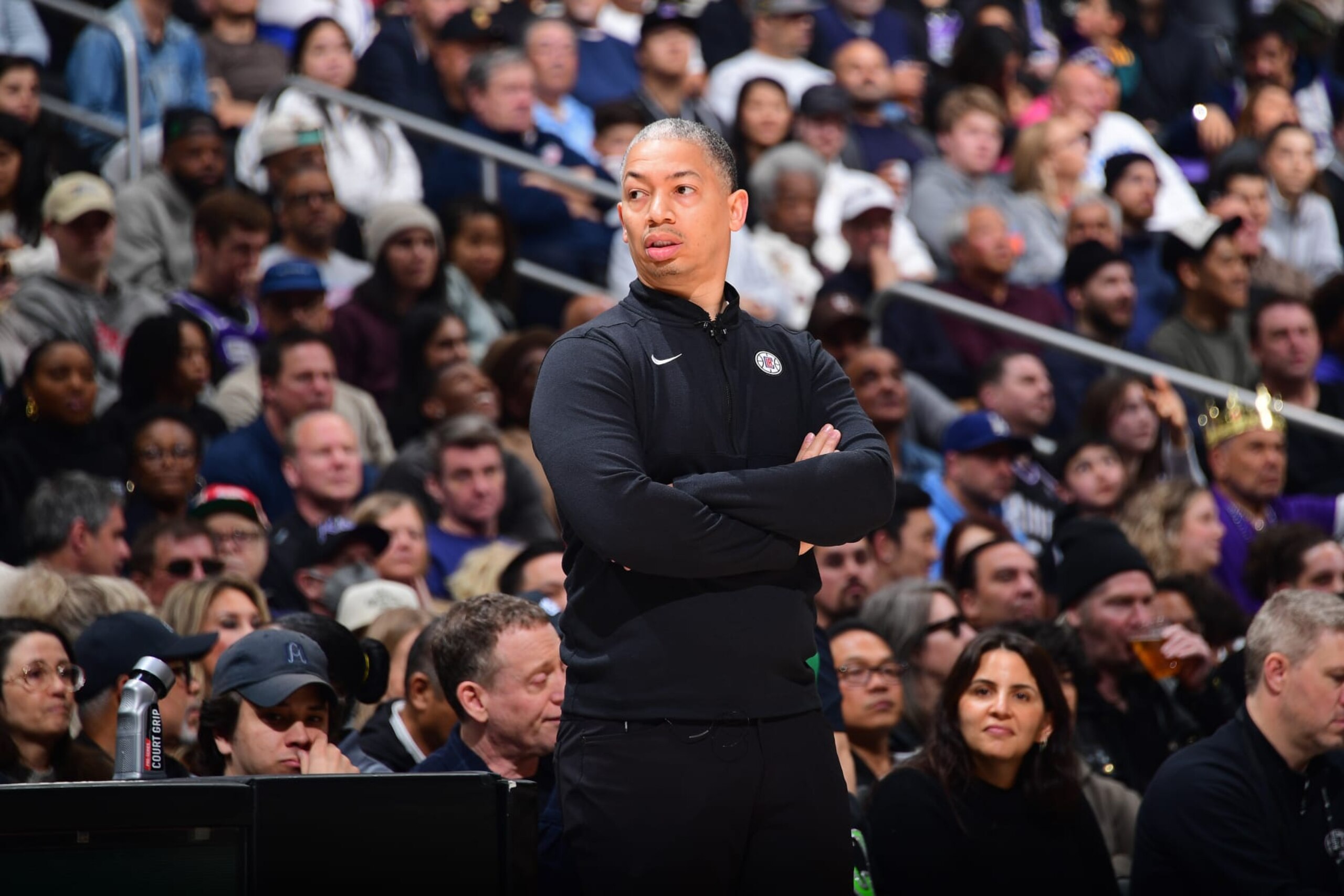 LOS ANGELES, CA - FEBRUARY 25: Head Coach Tyronn Lue of the LA Clippers looks on during the game against the Sacramento Kings on February 25, 2024 at Crypto.Com Arena in Los Angeles, California. NOTE TO USER: User expressly acknowledges and agrees that, by downloading and/or using this Photograph, user is consenting to the terms and conditions of the Getty Images License Agreement. Mandatory Copyright Notice: Copyright 2024 NBAE (Photo by Adam Pantozzi/NBAE via Getty Images)