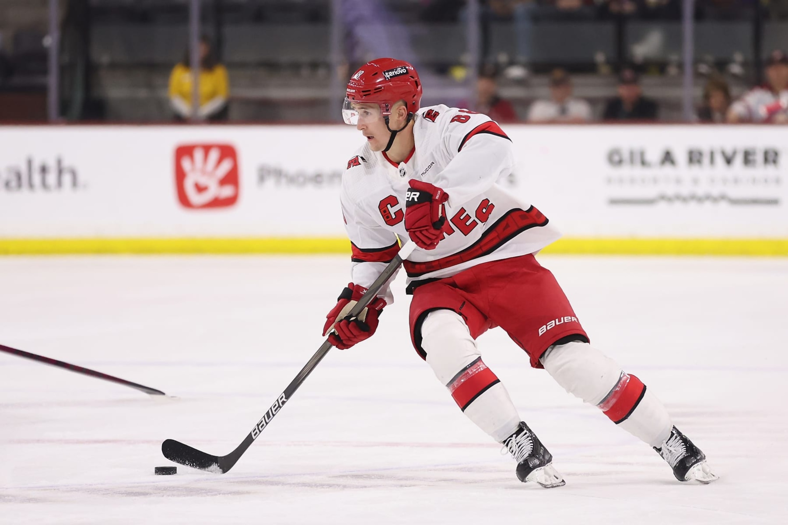 TEMPE, ARIZONA - FEBRUARY 16: Martin Necas #88 of the Carolina Hurricanes skates with the puck against the Arizona Coyotes during the NHL game at Mullett Arena on February 16, 2024 in Tempe, Arizona. The Hurricanes defeated the Coyotes 5-1.  (Photo by Christian Petersen/Getty Images)