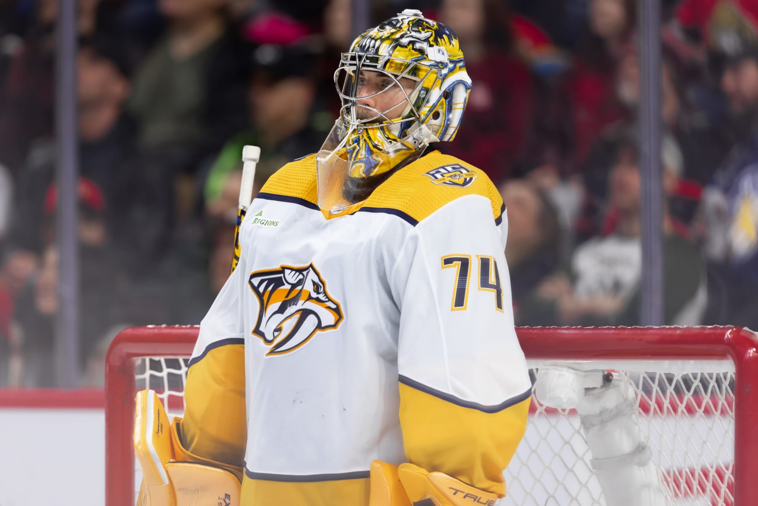OTTAWA, ON - JANUARY 29: Nashville Predators Goalie Juuse Saros (74) after a whistle during third period National Hockey League action between the Nashville Predators and Ottawa Senators on January 29, 2024, at Canadian Tire Centre in Ottawa, ON, Canada. (Photo by Richard A. Whittaker/Icon Sportswire via Getty Images) OTTAWA, ON - JANUARY 29: Nashville Predators Goalie Juuse Saros (74) after a whistle during third period National Hockey League action between the Nashville Predators and Ottawa Senators on January 29, 2024, at Canadian Tire Centre in Ottawa, ON, Canada. (Photo by Richard A. Whittaker/Icon Sportswire via Getty Images)