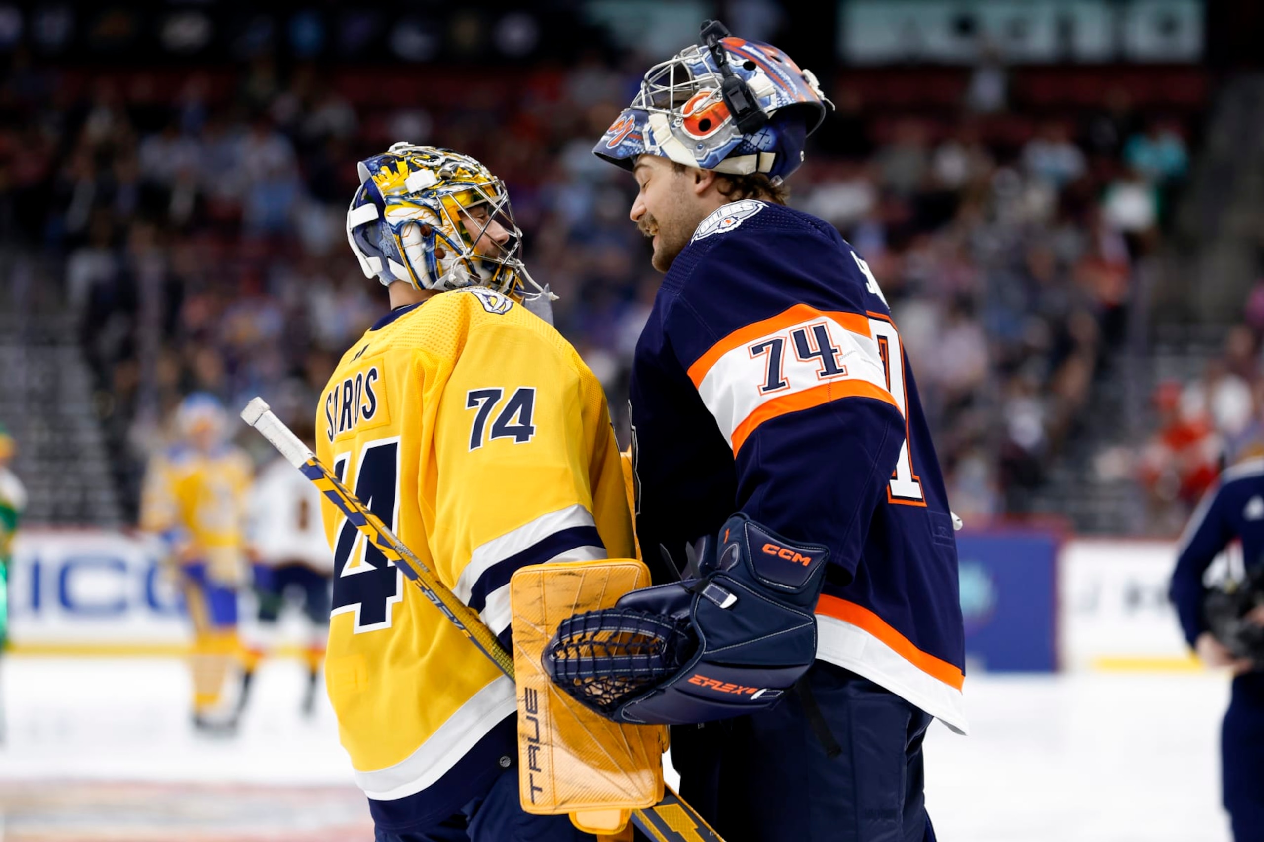 SUNRISE, FLORIDA - FEBRUARY 03: Juuse Saros #74 of the Nashville Predators talks with Stuart Skinner #74 of the Edmonton Oilers in the Discover NHL Tendy Tandem during the 2023 NHL All-Star Skills Competition at FLA Live Arena on February 03, 2023 in Sunrise, Florida. (Photo by Mike Ehrmann/Getty Images) SUNRISE, FLORIDA - FEBRUARY 03: Juuse Saros #74 of the Nashville Predators talks with Stuart Skinner #74 of the Edmonton Oilers in the Discover NHL Tendy Tandem during the 2023 NHL All-Star Skills Competition at FLA Live Arena on February 03, 2023 in Sunrise, Florida. (Photo by Mike Ehrmann/Getty Images)